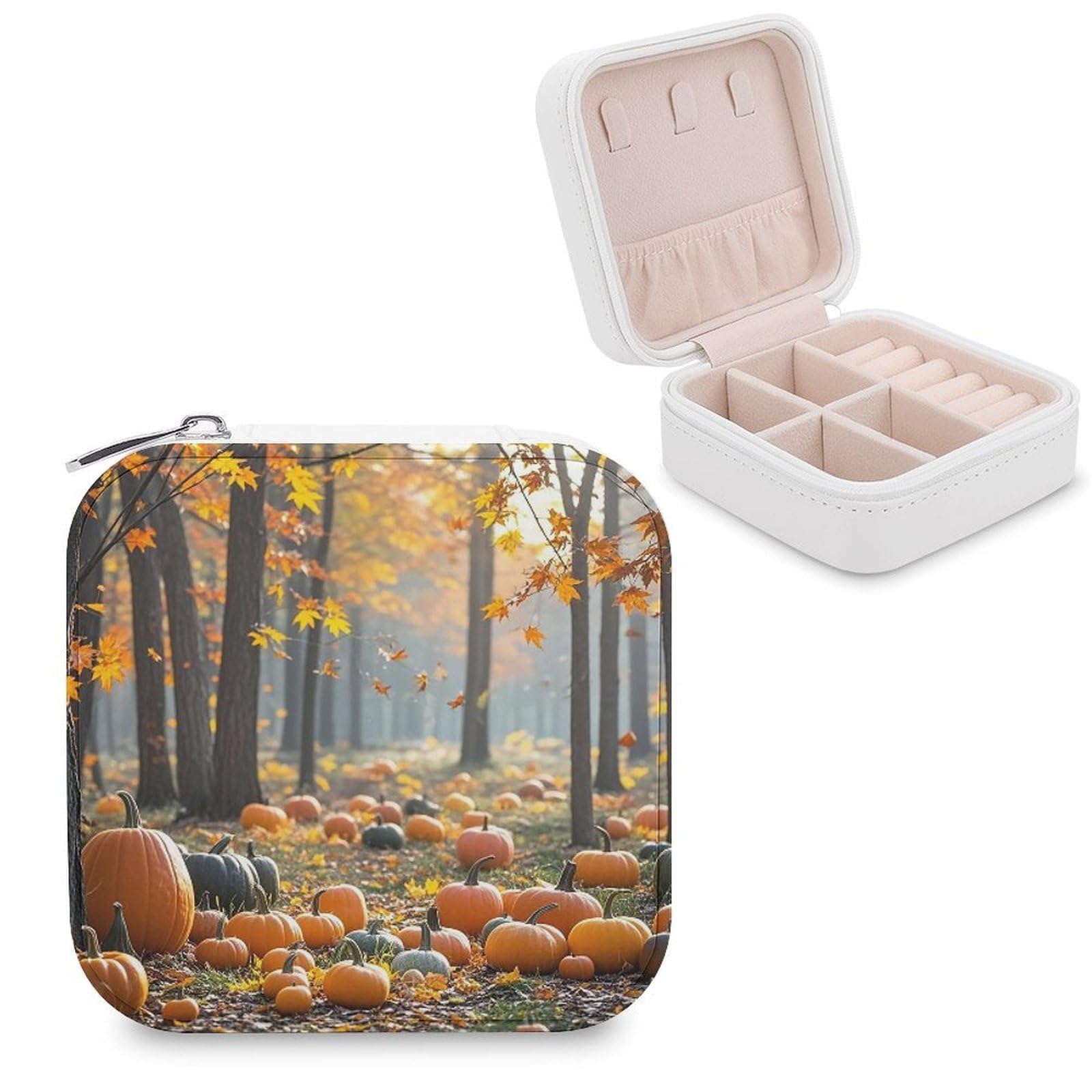 LZQPOEAS Orange Pumpkin And Maple Grove Jewelry Box Mini Jewelry Travel Case Trendy Stuff Ring Box Custom PU Leather Jewelry Boxes Portable Jewelry Case Earring Storage Organizer for Girls Women