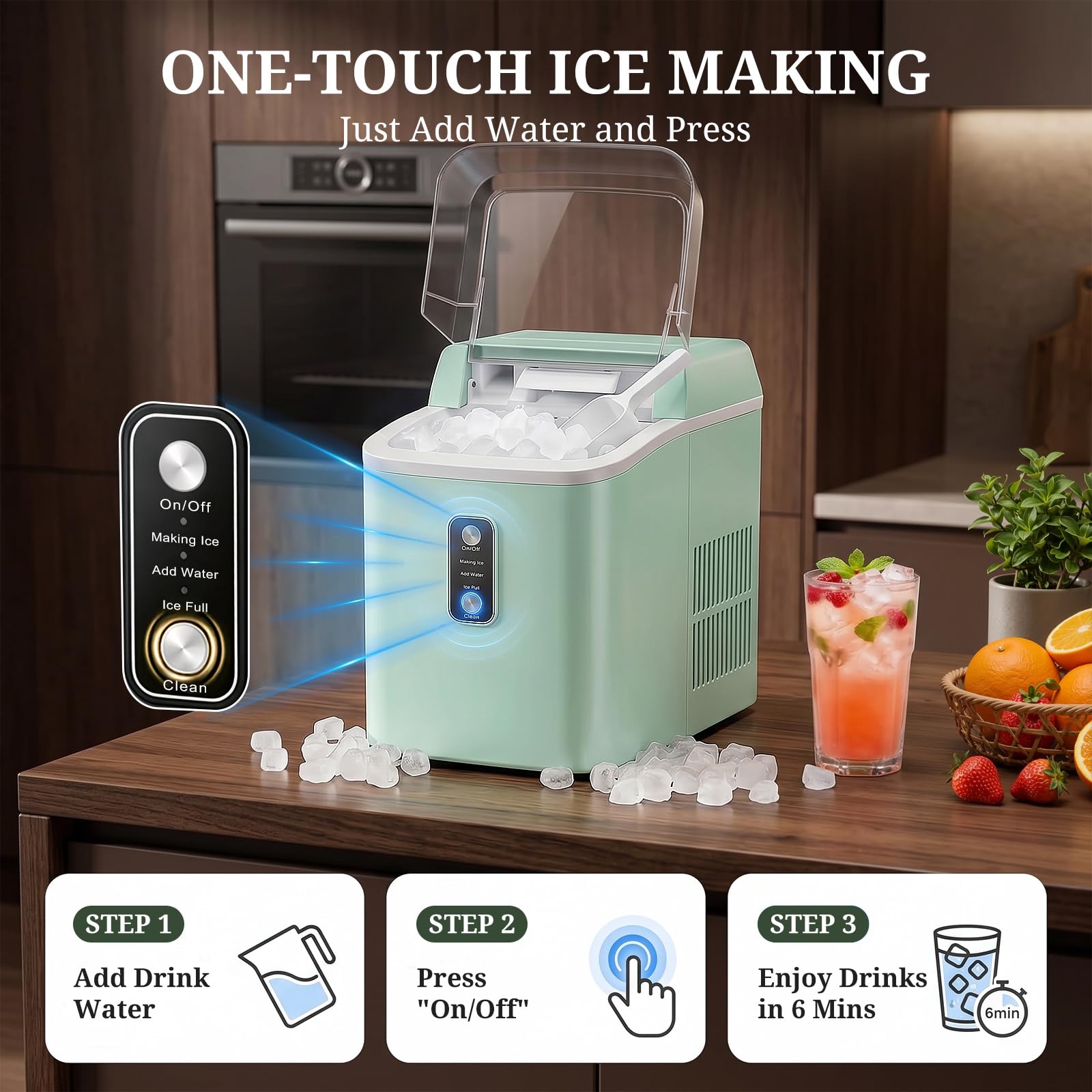 Nugget Ice Maker Countertop, 6-Min Fast Chewable Pellet Ice, 24lbs/24h Portable Ice Machine With Self-Cleaning, Ice Full & Low Water Indicator, Basket & Scoop For Home, Party, RV, Camping (Green) on Fridge.com - View 4