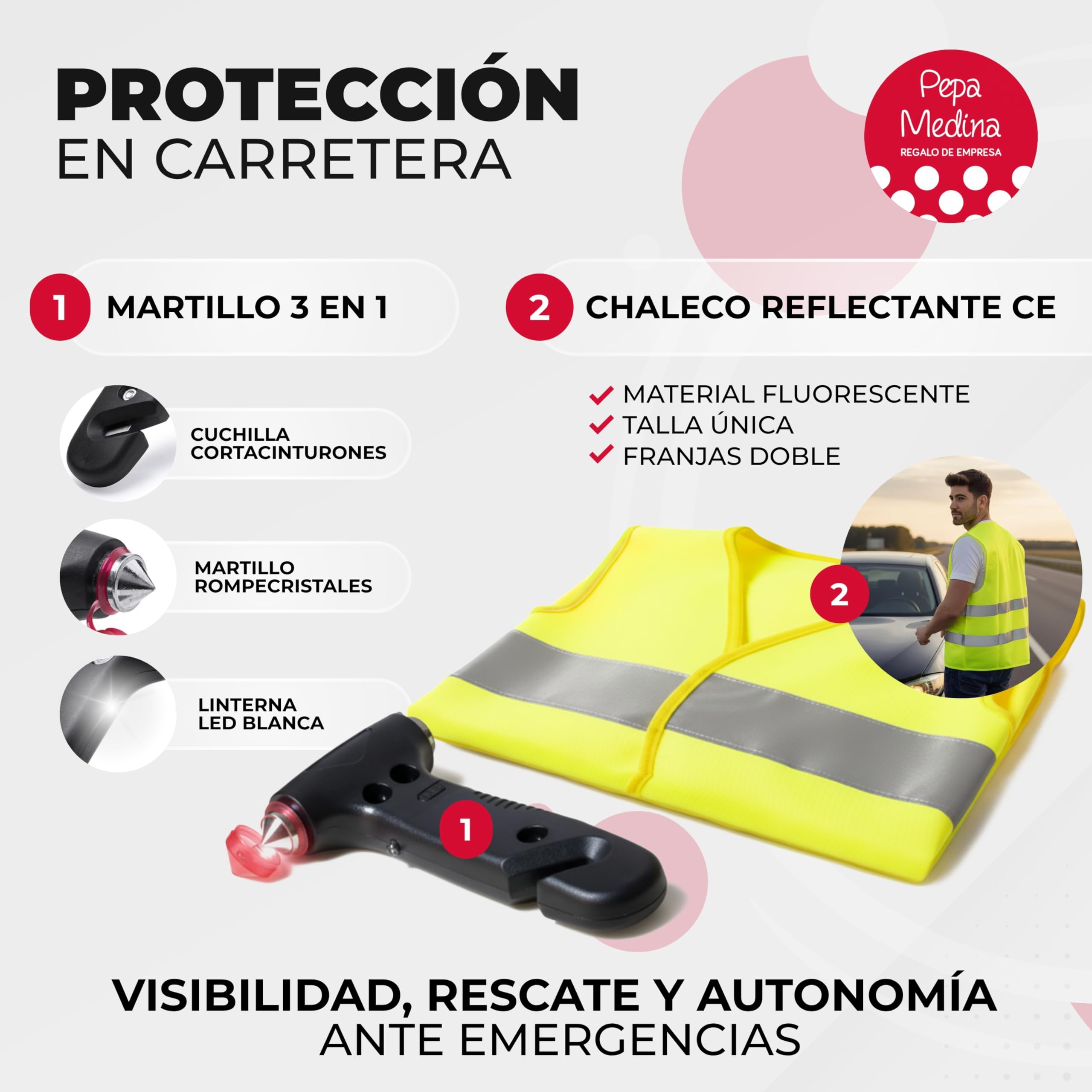 Kit Emergencia y Seguridad para Coche con Luz V16 Geolocalizada Homologada DGT 2026, Chaleco Reflectante, Martillo Multifunción, Cuchilla Cortacinturones, Linterna LED y Neceser Compacto