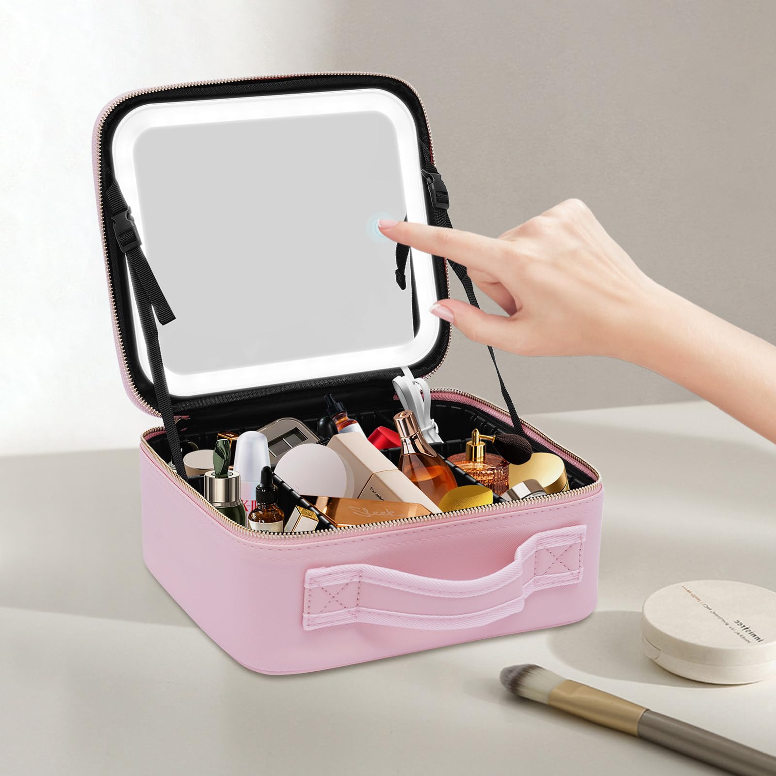 Trousse de maquillage avec miroir LED, grande capacité, trousse de rangement pour outils, pinceaux de maquillage, boîte de rangement portable, rose, Rose, m, Style moderne