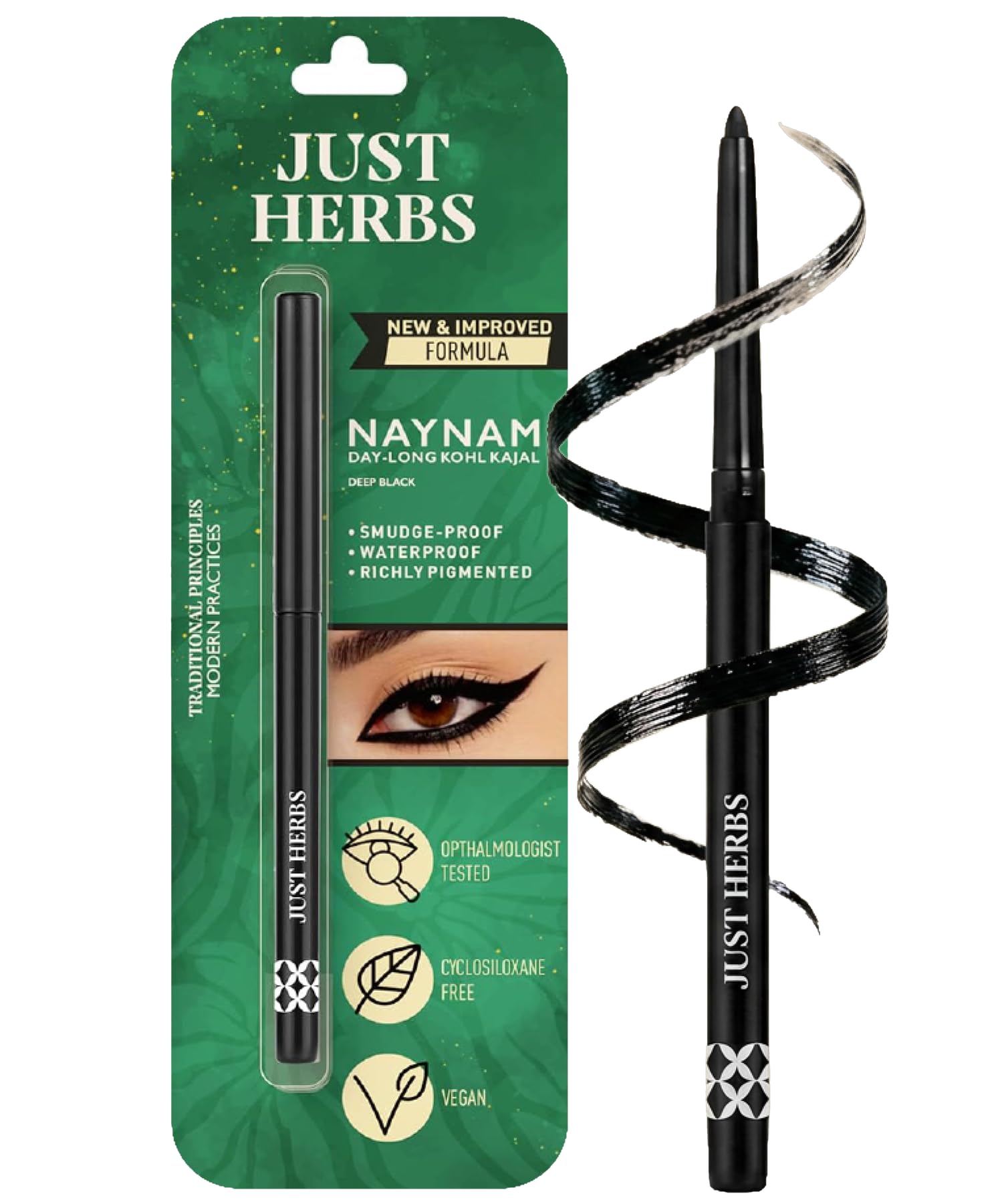 Just Herbs Retractable 2 in 1 Herbal Eyeliner + Kajal with Almond Oil & Vitamin E, 11 Hour Stay, Singlestroke, Smudgeproof & Fadeproof - Black 0.3g-picture-46