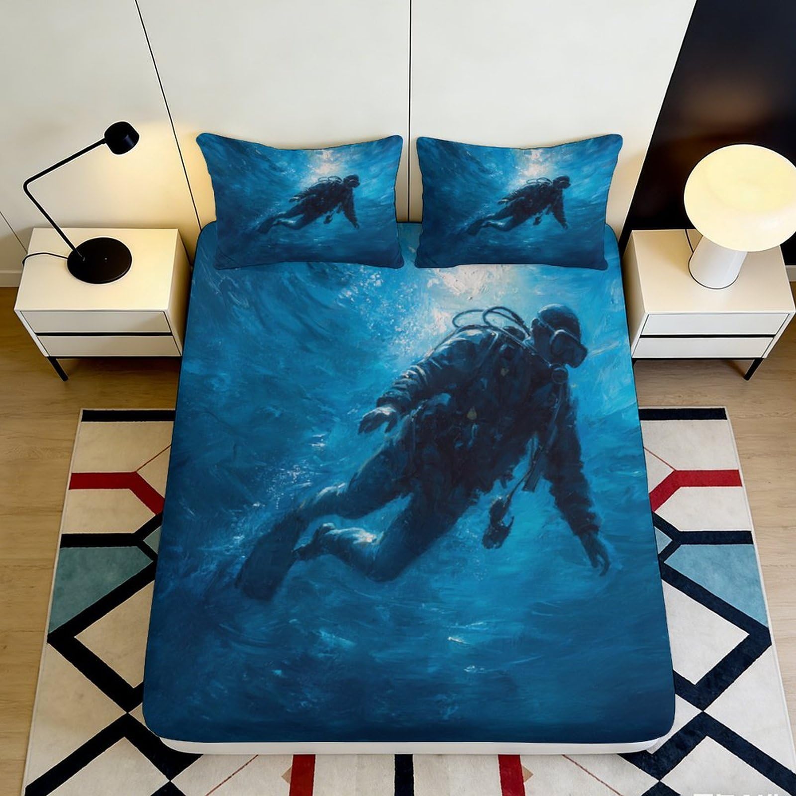 3D Printed Deep Sea Diver Fitted Sheet Microfiber Soft Blue Underwater Explorer Mattress Cover for Bedroom Dorm Decor 90x200x25cm