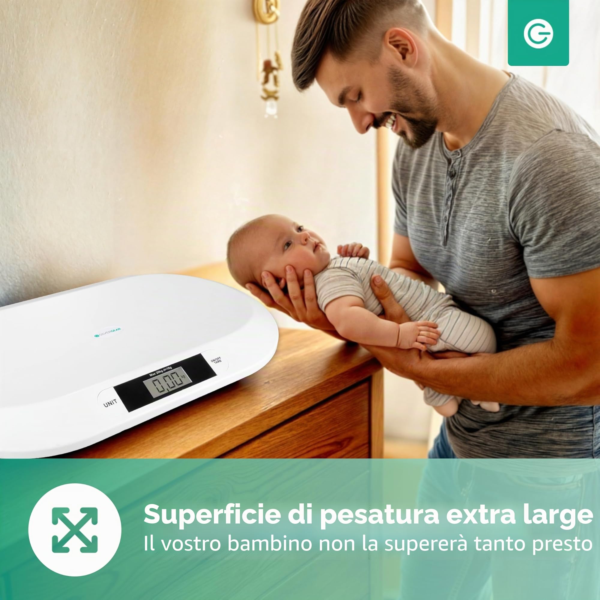 Silvergear® Bilancia digitale per Bambini | Fino a 20 kg | Bilancia Digitale per Neonati | Indicatore LED | Controllo del peso dalla Nascita | Bilancia per Animali | 54,5 x 31,5 x 3,5 cm | Bianco