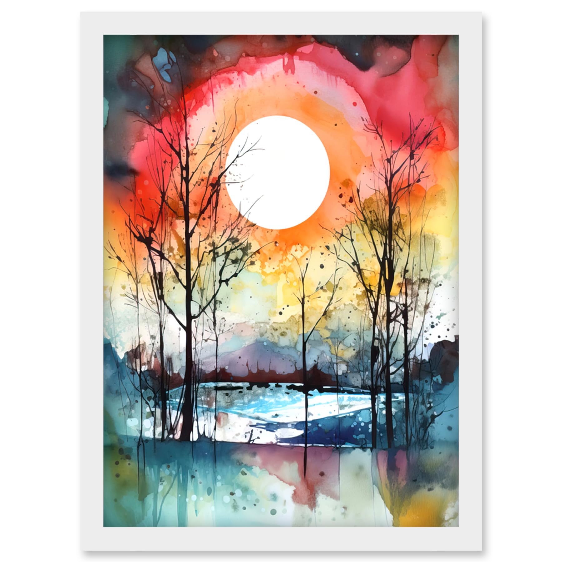 Artery8 Abstract Sunset Landscape Watercolour Painting Countryside Lake Autumn Trees Artwork Framed Wall Art Print A4