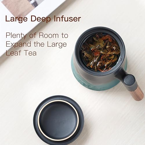 Miniatura 6 de ZENS Taza de té con infusor y tapa, taza de té de cerámica con mango de palisandro, taza de té de hojas sueltas de 15.2 onzas para regalos, negro y