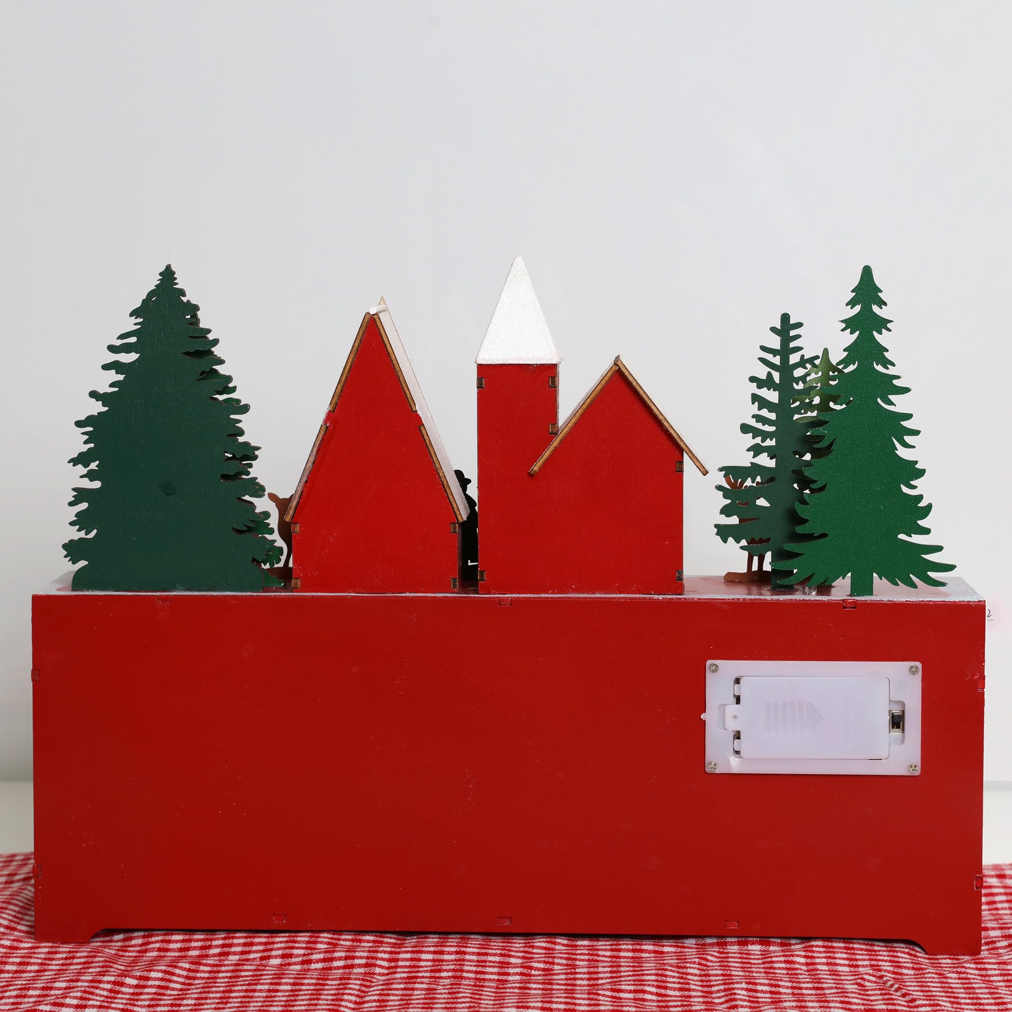 PE Handgefertigter Holz Adventskalender mit 24 Schubladen - Beleuchteter Weihnachtskalender mit Dorf Szene - Weihnachtsdeko zum Befüllen 37,5 x 8 x 27,3 cm