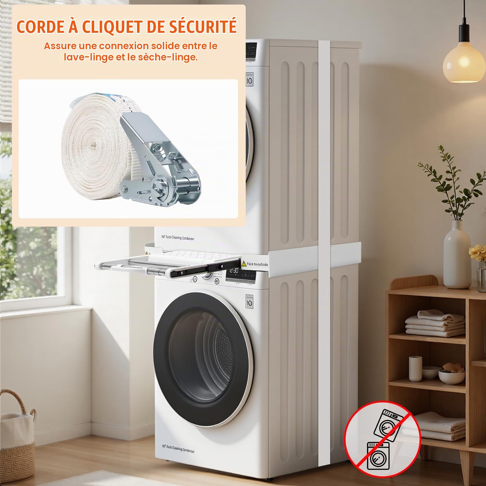 MISTRO Kit de Superposition Universel Réglable 42-73cm Cadre Intermédiaire Monobloc avec Tablette Extensible 12kg et Barre Porte-Serviettes Station de Pliage Gain de Place pour Buanderie