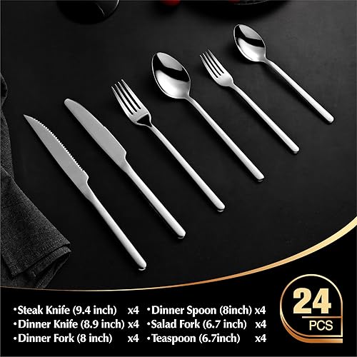Miniatura 2 de KINGSTONE Juego de cubiertos de 24 piezas con cuchillos para carne, juego de cubiertos para 4, juego de cubiertos de acero inoxidable para el hogar,
