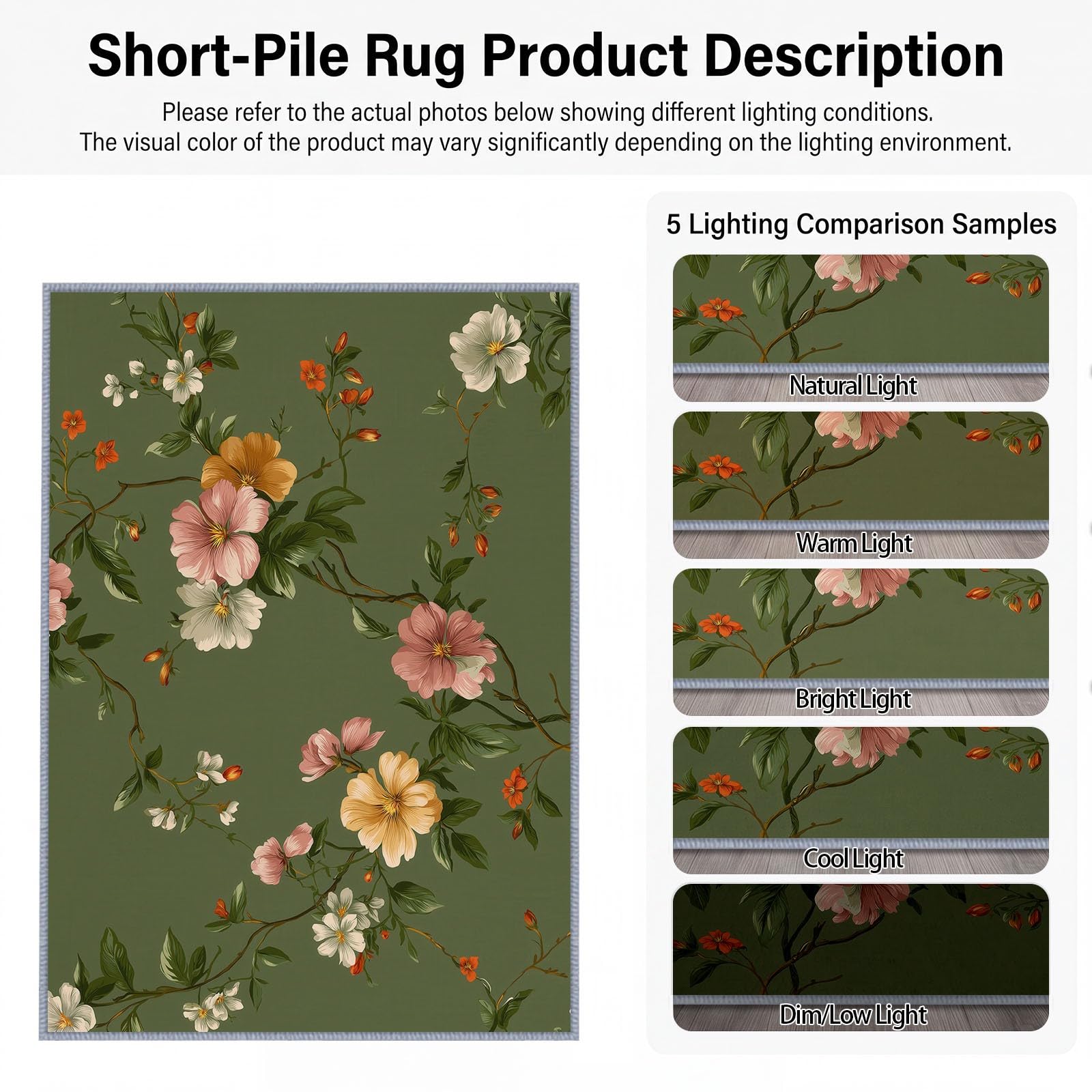 Générique Fleur Feuille Vert Foncé Tapis Salon 140x200 cm Lavable en Machine, Bohème Rétro Pastoral Tapis AntidéRapant Doux Poil Ras, pour Salon, Chambre et Salle à Manger