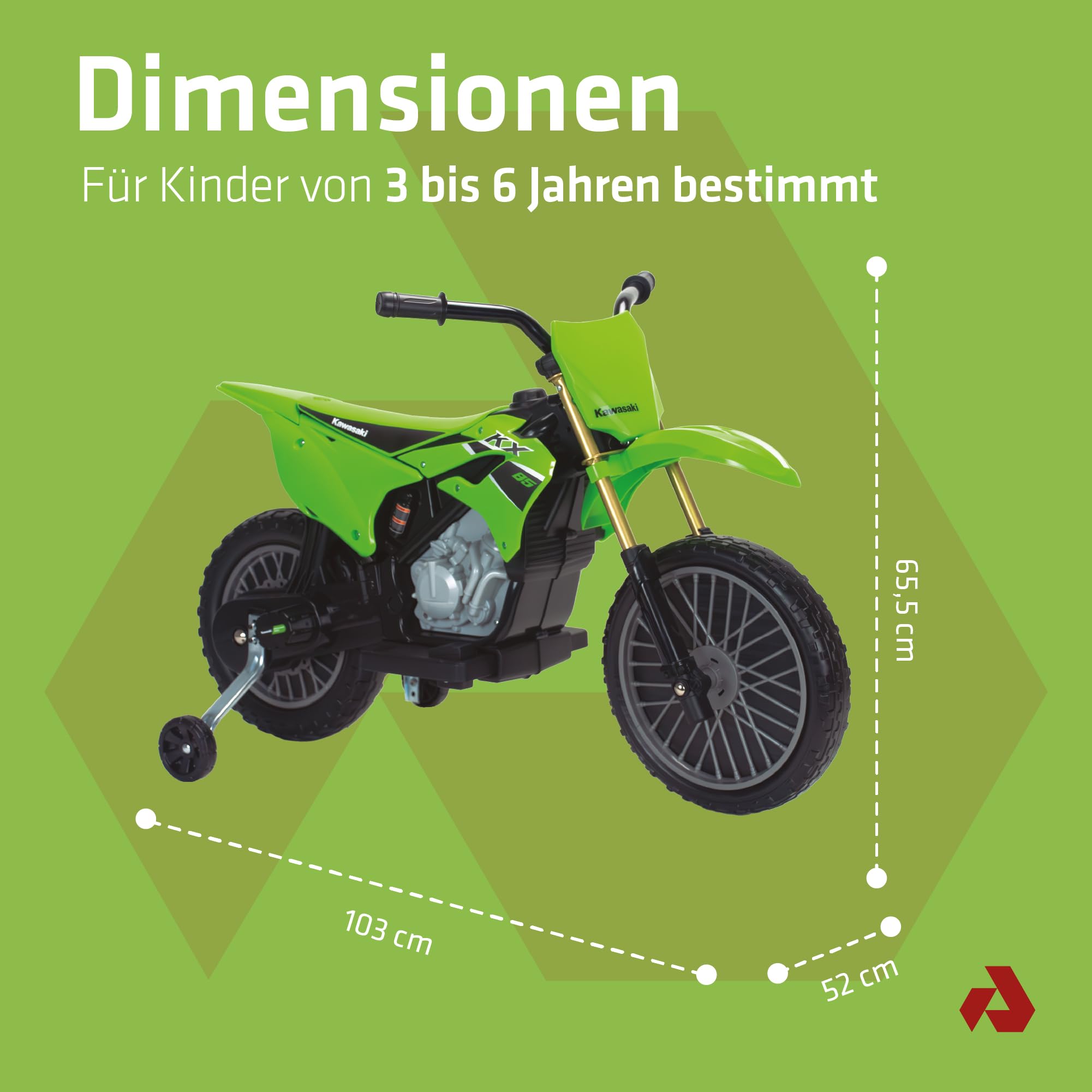 Elektro Motorrad Kinder 3-6 Jahre Kawasaki 12V Offiziell Lizenziert + Fußpedal + Automatische Bremse + Stützräder + Motocross Design | INJUSA