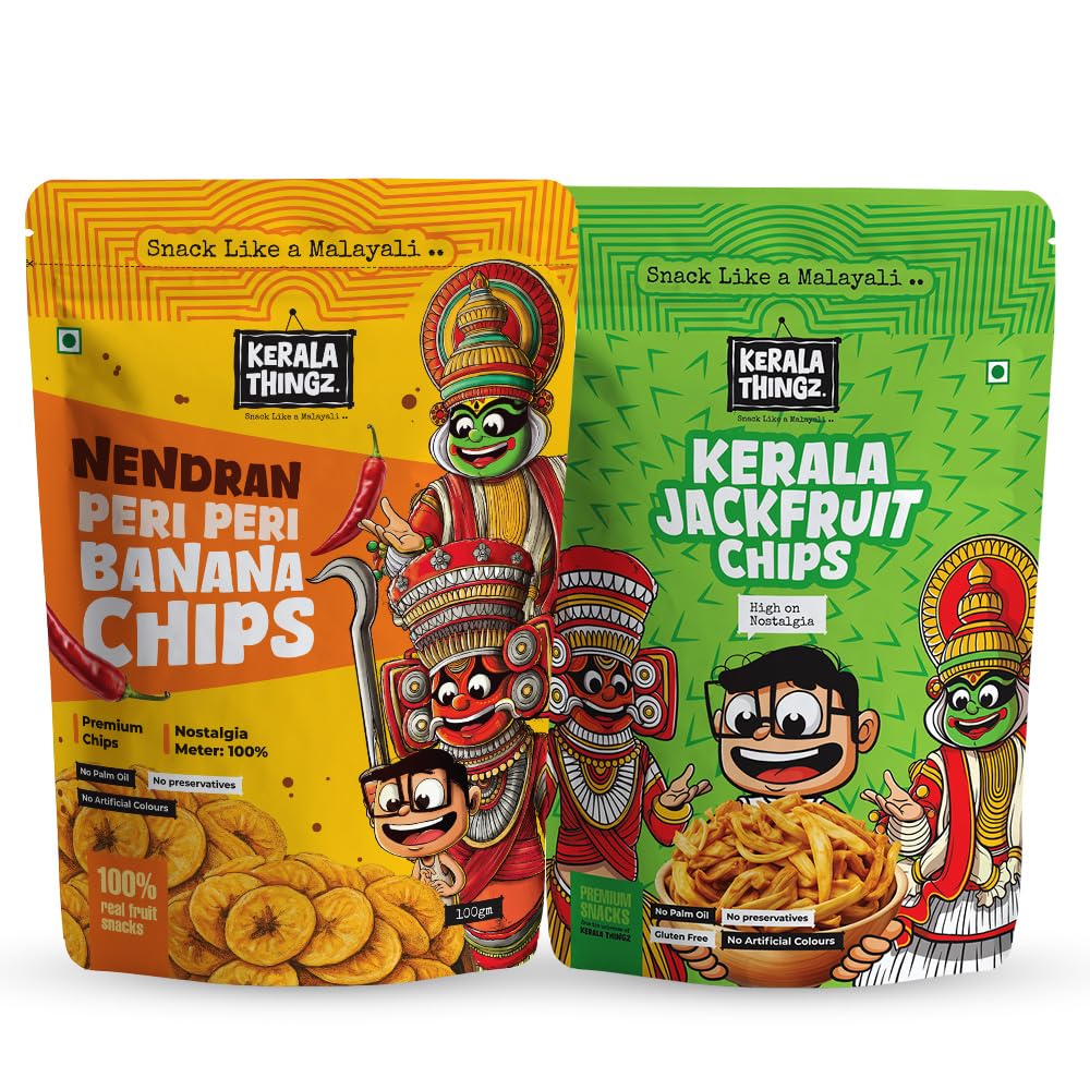 Kerala Thingz Peri Peri Banana Chips (100g) + Jackfruit Chips (150g) | Combo 250g | Traditional Kerala Snack | Premium, Crunchy & Healthy | No Palm Oil, No Preservatives, Gluten Free, No Added Sugar, No Artificial Colours