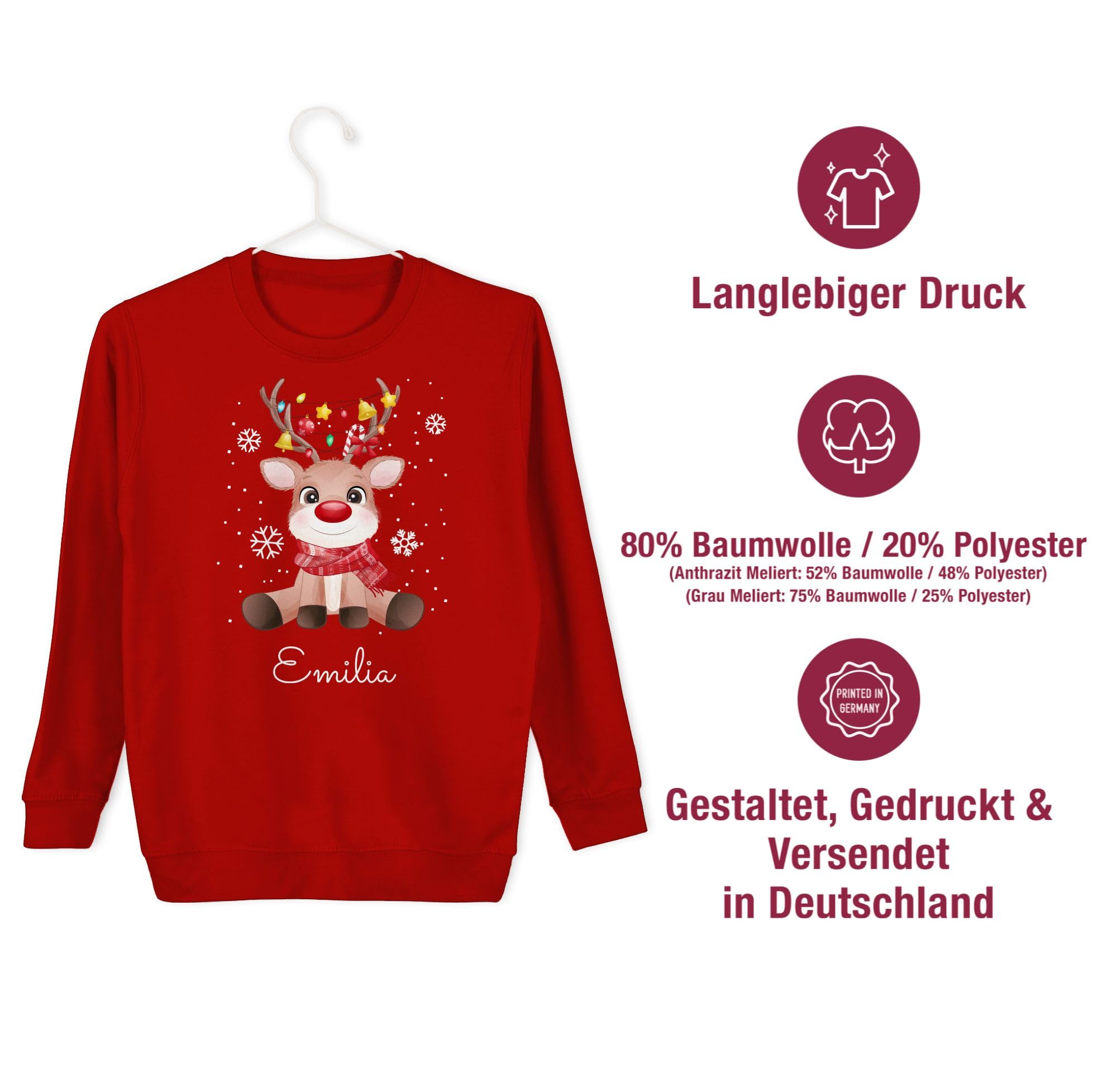 Geschenk mit Namen personalisiert by Shirtracer - Sweater Kinder Sweatshirt Jungen Mädchen Pullover - Geschenke - Süßes Rentier mit Name Wunschtext I Geschenk Rentier Weihnachten I Rudolph Reindeer