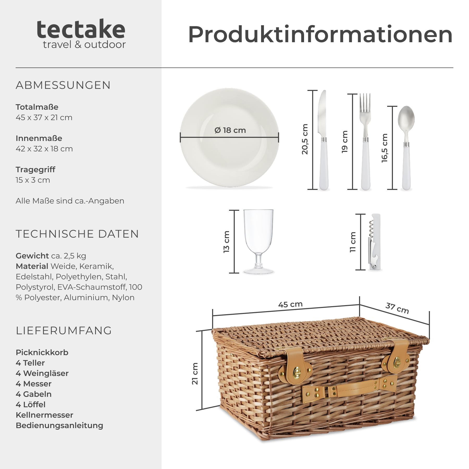 tectake® Picknickkorb 4 Personen, inkl. Kühlfach, befüllter Picnic Basket Weidenkorb für Ausflug, Camping, Dinner Date, Picknickkorb mit Deckel, als Geschenkkorb, Rotkäppchen Korb - Föhr