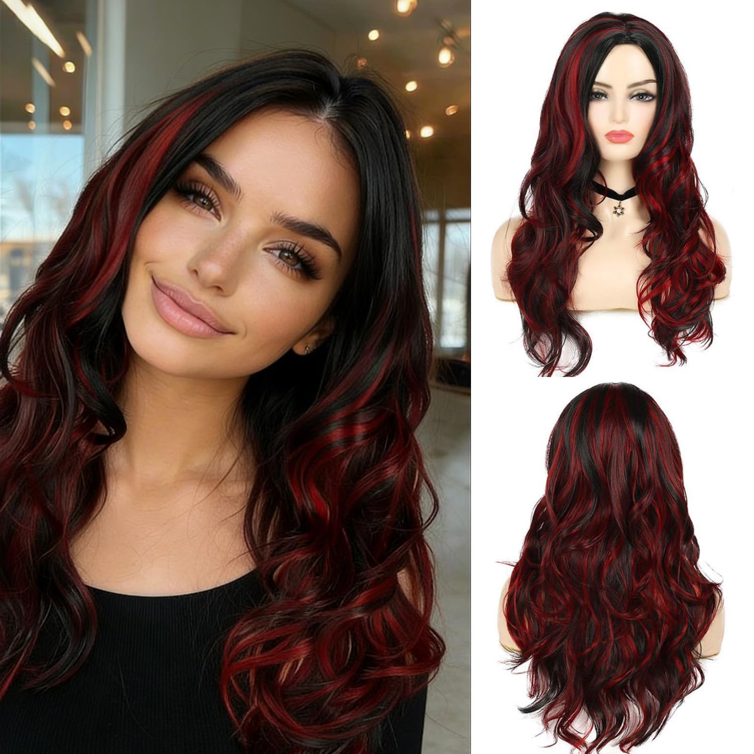 Sallcks Black Red Wig for Women Long Wavy Wig Highlights Layered Silky Middle Part 2 Tone Synthetic Cosplay Costume Wigs