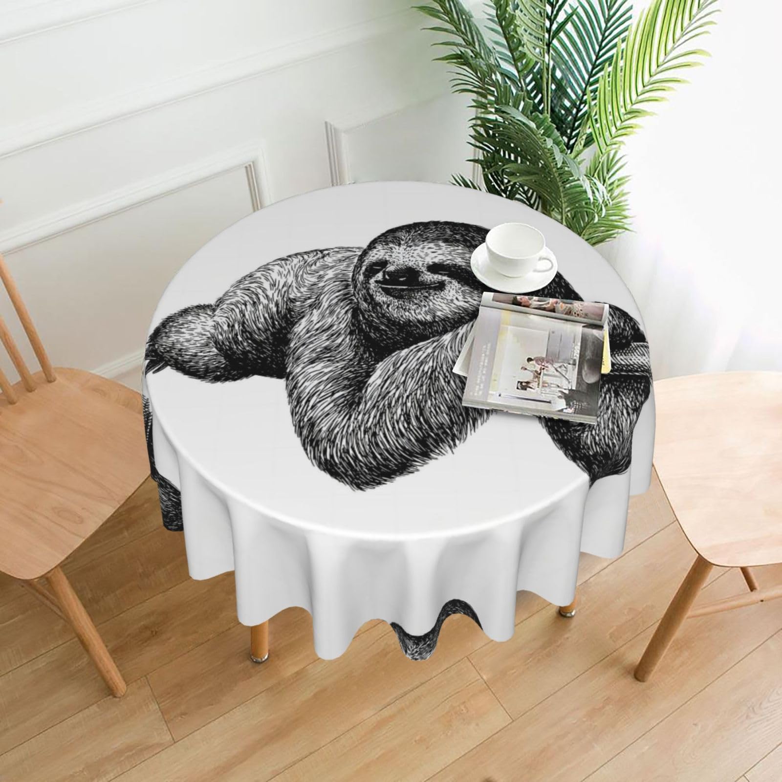 Hjfczh Black Sloth Prints Round Table Throw 60 Inch - Waterproof Table Cover - Soft & Wrinkle Resistant Decor Layer For Dinners, Parties & Everyday Use