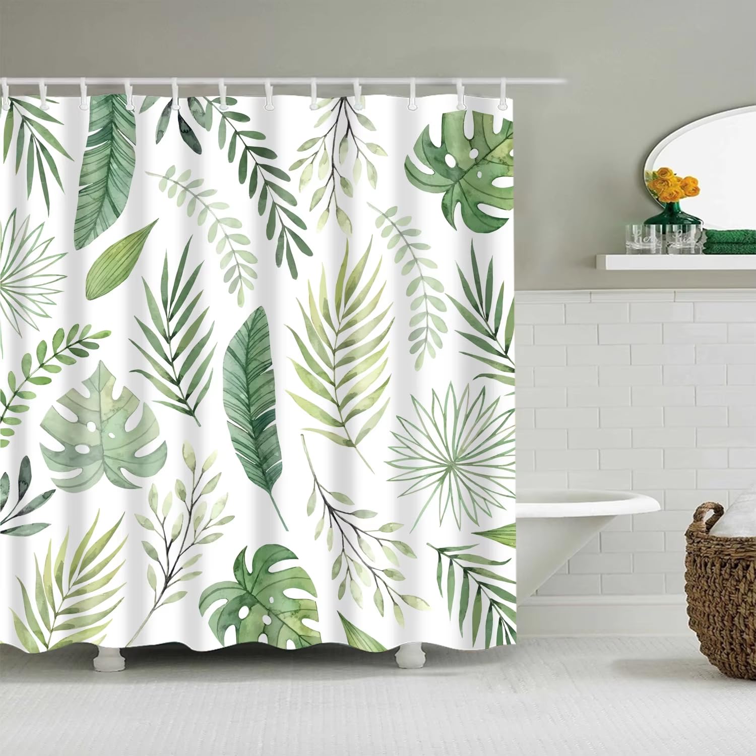 Generico Tenda Doccia con Motivo Floreale e Bambù In Stile Zen, Colore Verde, In Poliestere Antimuffa e Resistente, con Ganci per Il Bagno di Casa. 240 Cm X 200 Cm (1 Pannello).