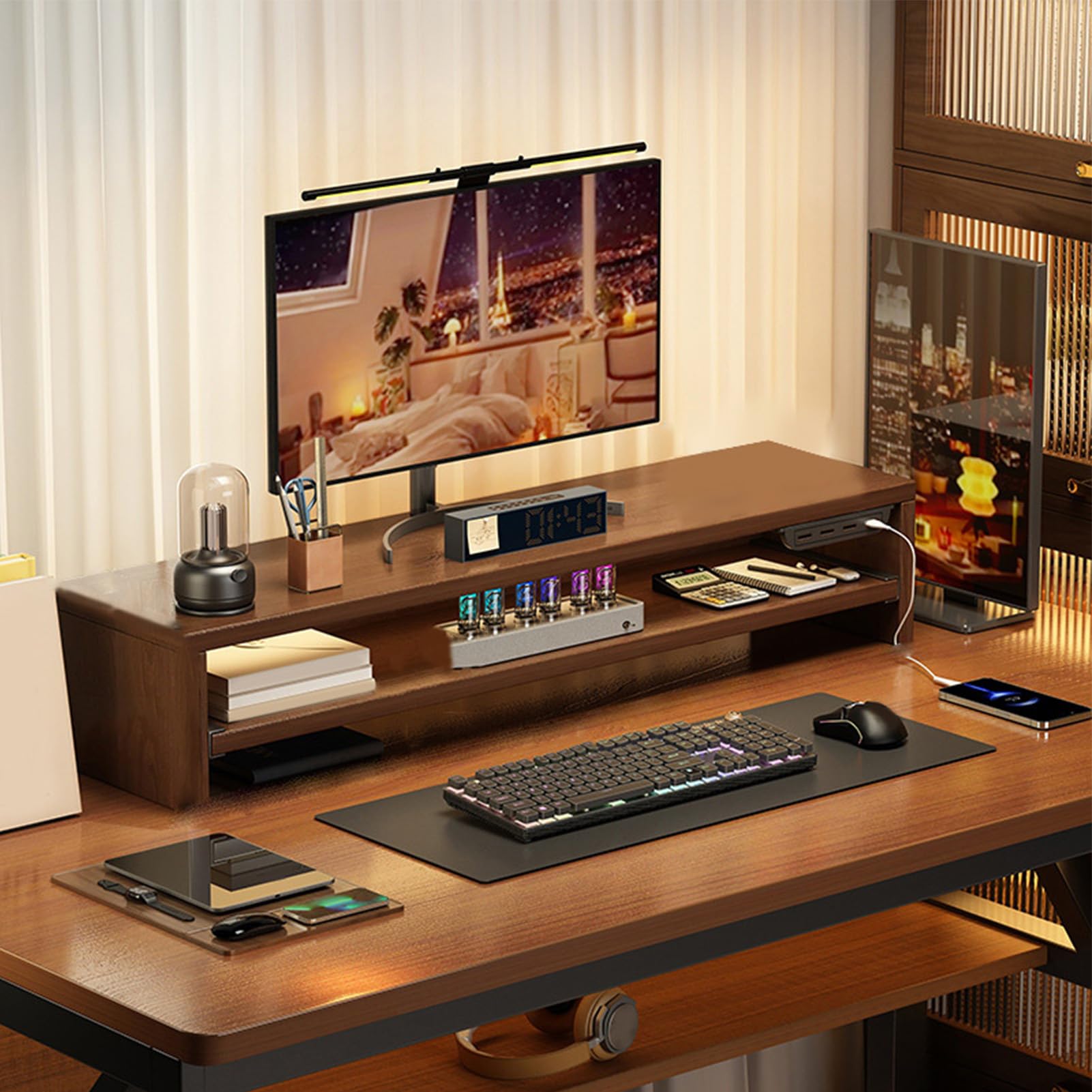 Fockety Podstawka Pod Monitor 2-poziomowy Organizer na Biurko z szufladą, Gniazdkami Prądu Zmiennego i Portem USB, Stojak na Monitor Komputerowy (Orzech Brązowy)