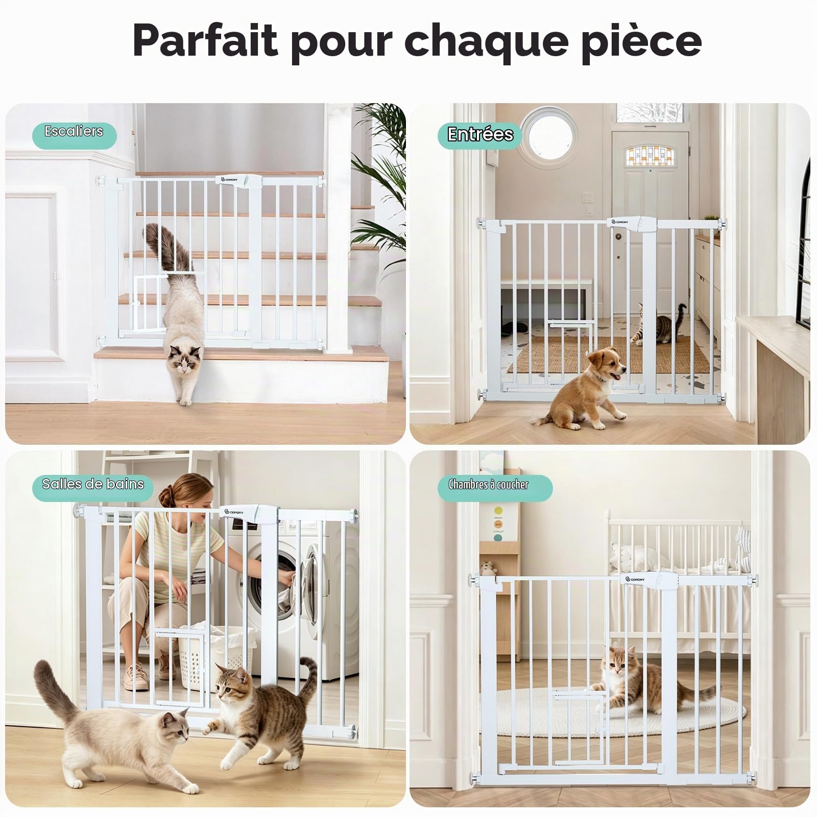 COMOMY Barrière de Sécurité, 75-103cm Barriere Escalier pour Bébé, sans Perçage Barrière à Pression pour Chat et Chiens, Fermeture Auto, Extensible, Métal Blanc