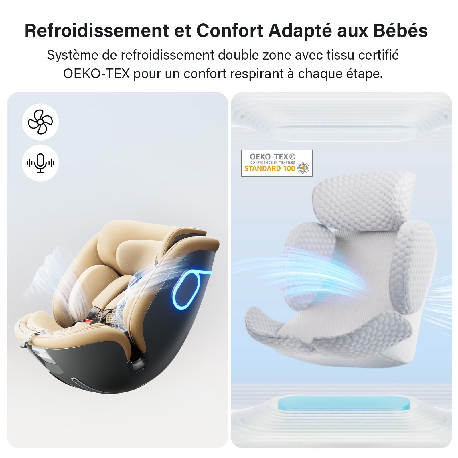 AS5 i-Size Siège Auto,Pivotant 360,ISOFIX,Ergonomic,Réglable,Beige | Refroidissement Double Zone, Commande Vocale, 0-8 Ans, 40-150 cm(max. 25kg),7 Inclinaisons, Harnais 5pts,Installation Facile