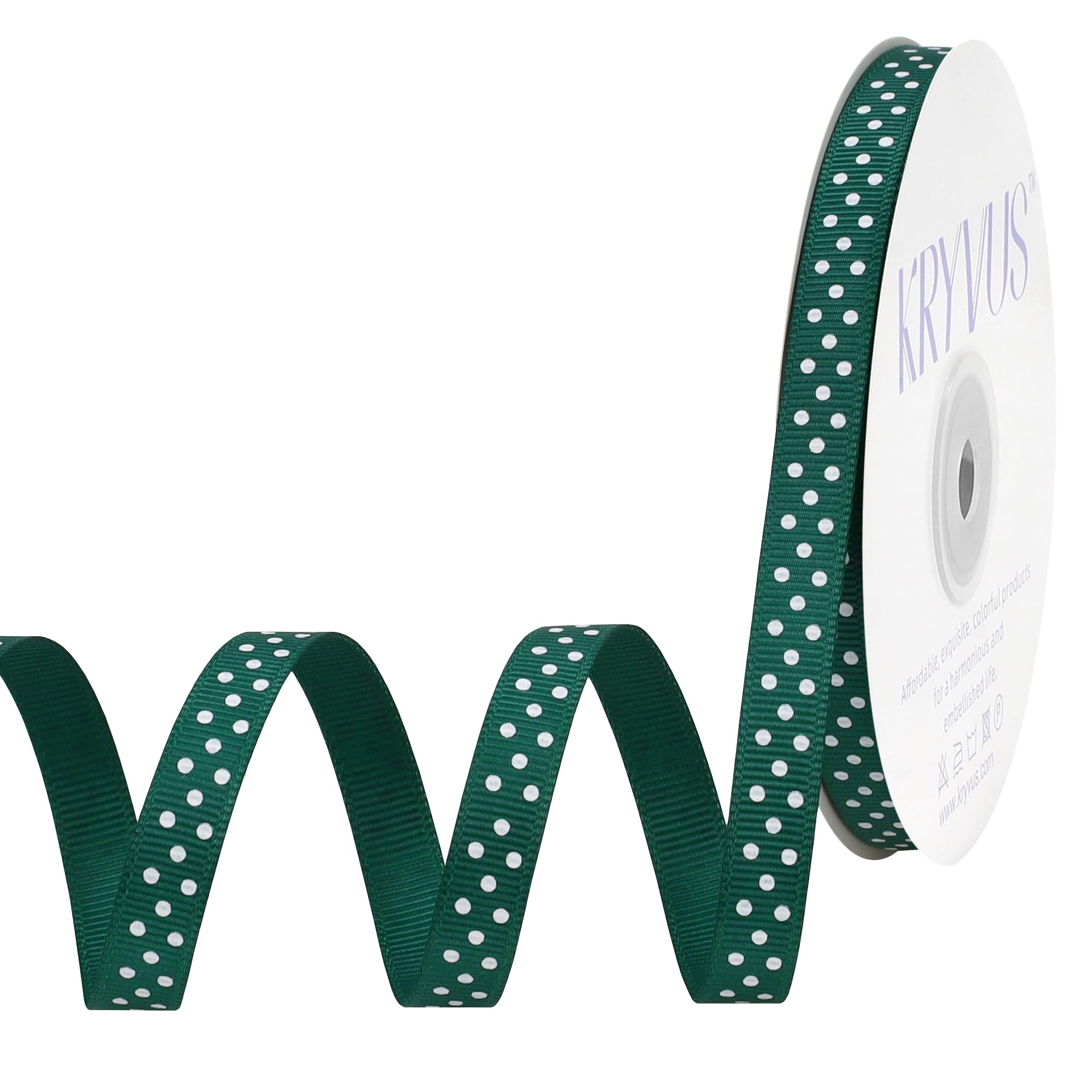 Kryvus Hunter Green Polka Dot Grosgrain Ribbon, 10mm x 23M, Hunter Green Polyester Craft Ribbon with White Dots for Hair Bows, Gift Wrapping, Spring Decor, Wedding, Sewing & DIY