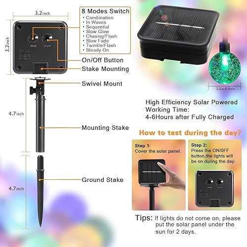 Miniatura 4 de SyouHome Guirnalda de luces solares, 360 luces LED de 216 pies, luces de globo de cristal multicolor con 8 modos, luces solares para exteriores,