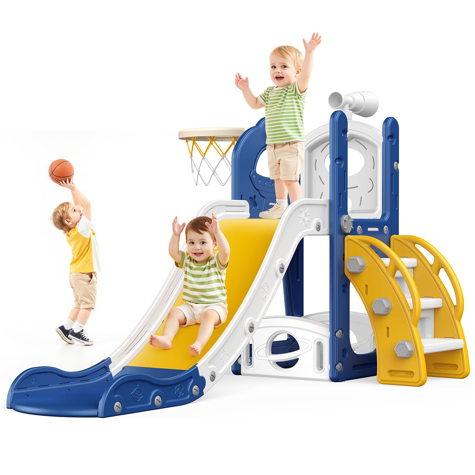 Scivolo per Bambini: Grande Scivolo Blu per Bambini in Età 1-3 Anni con Cestino da Basket, Scivolo per Bambini con Spazio di Stoccaggio, Set di Gioco per Bambini con Scala da Arrampicata, Giocattolo