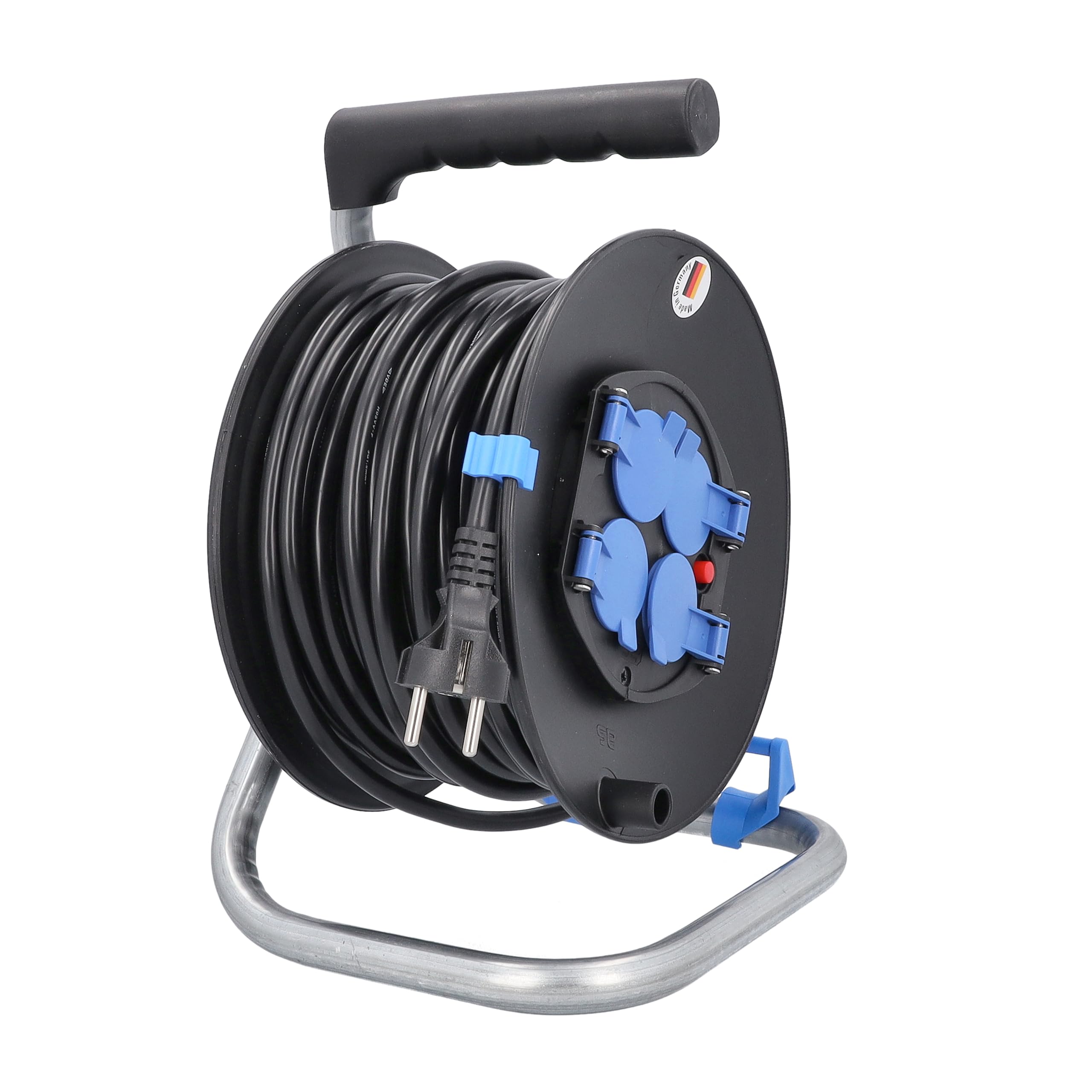 as - Schwabe enrollacables 25 m, IP20 para interiores, 4 tomas de corriente con toma de tierra, Interruptor térmico, Made in Germany