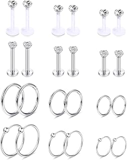 12Pairs 16G Lip Rings Stainless Steel Horseshoe Labret Monroe Lip Rings Nail Cartilage Tragus Helix Earrings Studs Ring Medusa Piercing Jewelry 6MM & 8MM & 10MM
