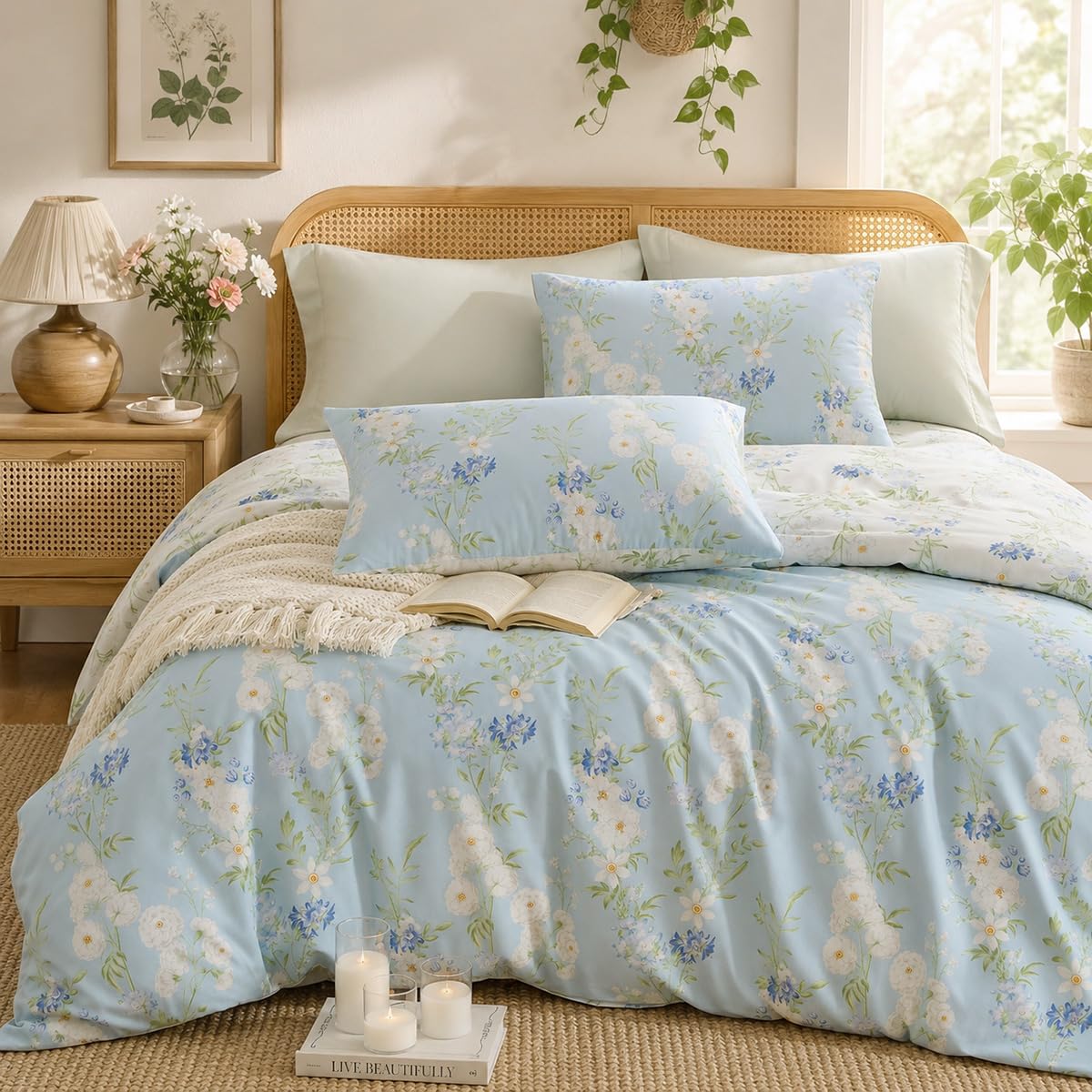 Lanqinglv Bettwäsche 135x200 4Teilig Baumwolle Blumen Blau Grün Weiß,100% Baumwolle Bettwäsche Set mit Reißverschluss,ÖKO-TEX Bettwäsche für Allergiker Geeignet,2 Bettbezug & 2 Kissenbezug 80x80 cm