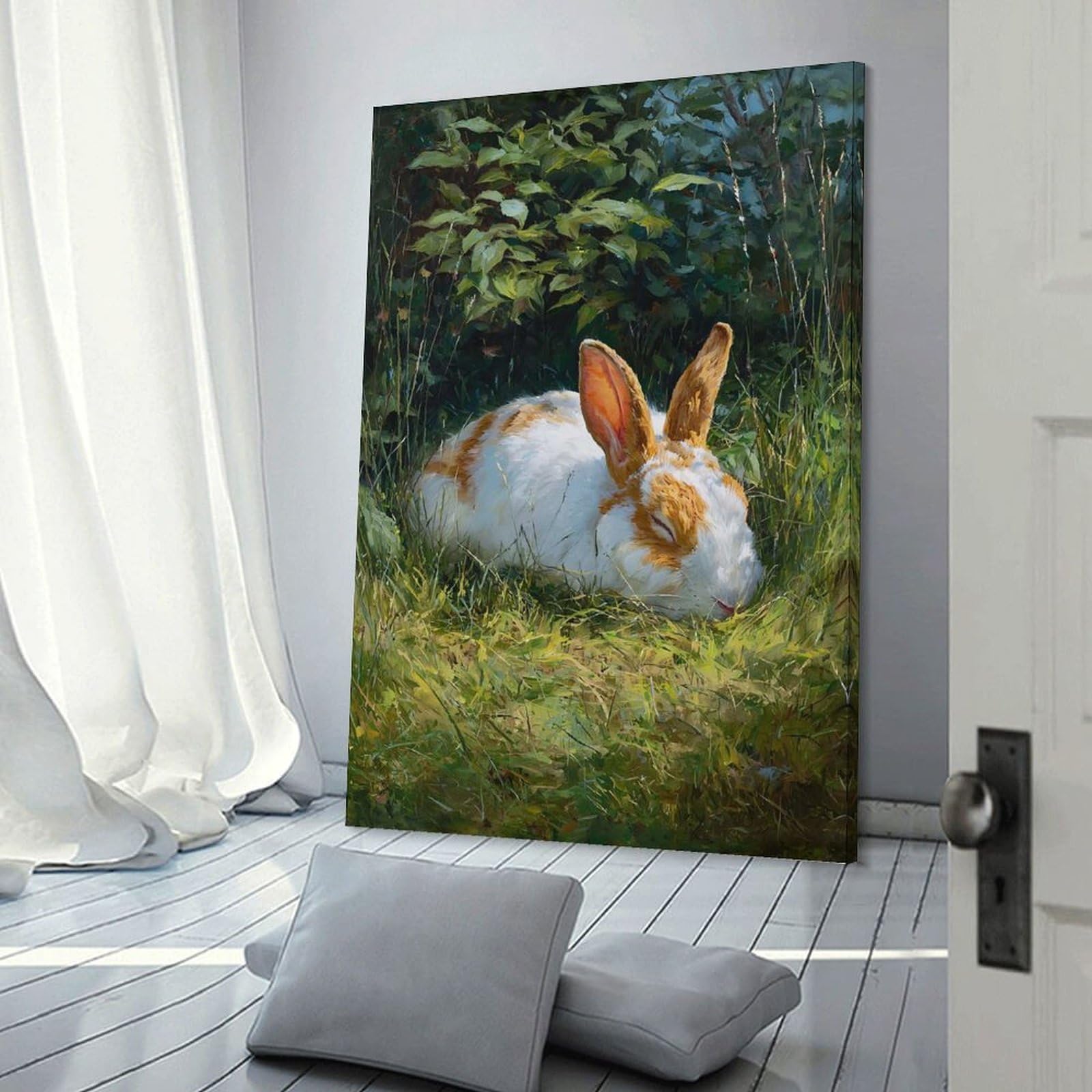 Junmoney Sleeping Rabbit in Lush Greenery Canvas Wall Picture 24x36inch(60x90cm), for Entryway, Lounge Links Or Small Walls, Decorative Canvas Styling for Entry Areas