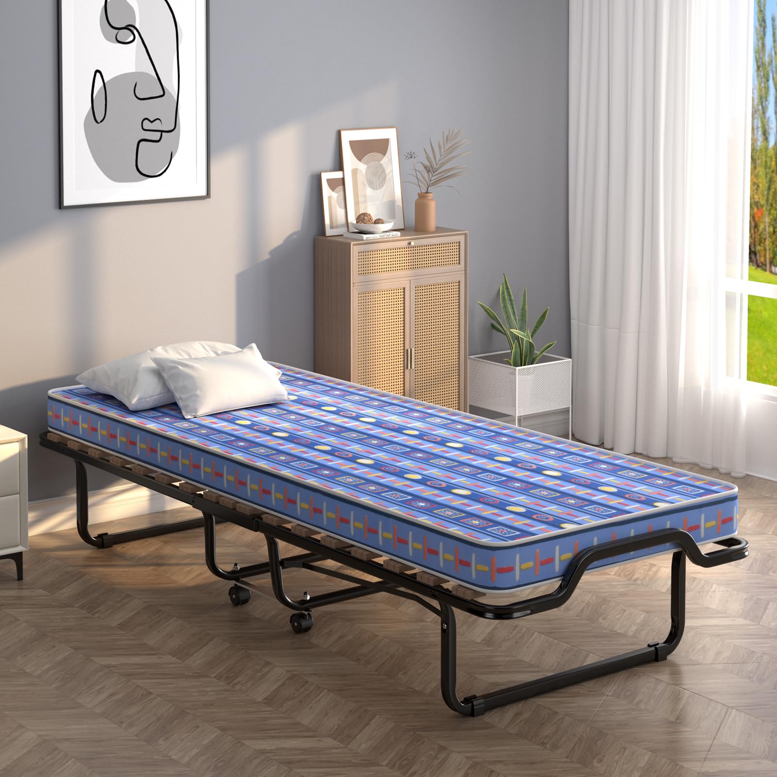 GYMAX Brandina Pieghevole con Materasso 10 cm, 200 x 80 x 40cm, Carico 130 kg, Materasso Memory, a 15 Doghe, Made in Italy (BLU)