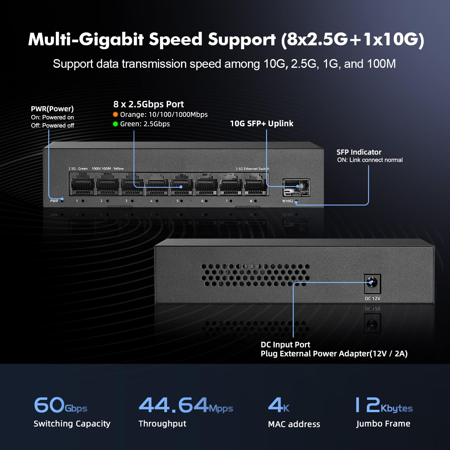 Switch de 8 puertos 2.5G, 8 puertos 2.5GBASE-T con 10G SFP+, capacidad de conmutación de 60 Gbps, switch de red no administrado YuLinca Plug & Play sin ventilador