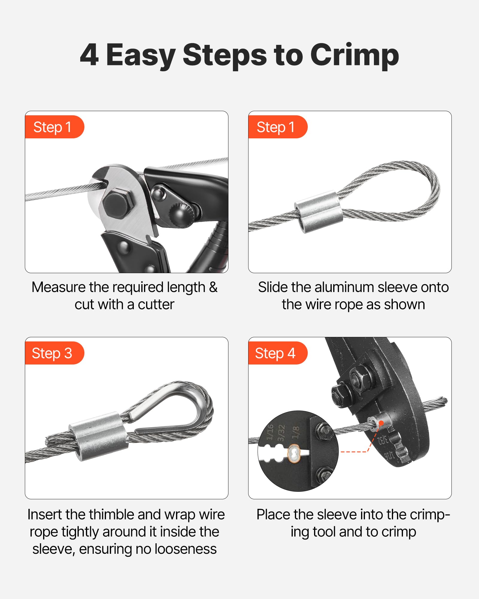 VEVOR Kit de Cable de Acero Inoxidable de 30,5 m, Trenzado 7 x 7, Diámetro de 3,2 mm, Carga Máxima 725 kg, con Engastador y Cortacables, para Barandillas, Iluminación Colgante y Proyectos de Bricolaje