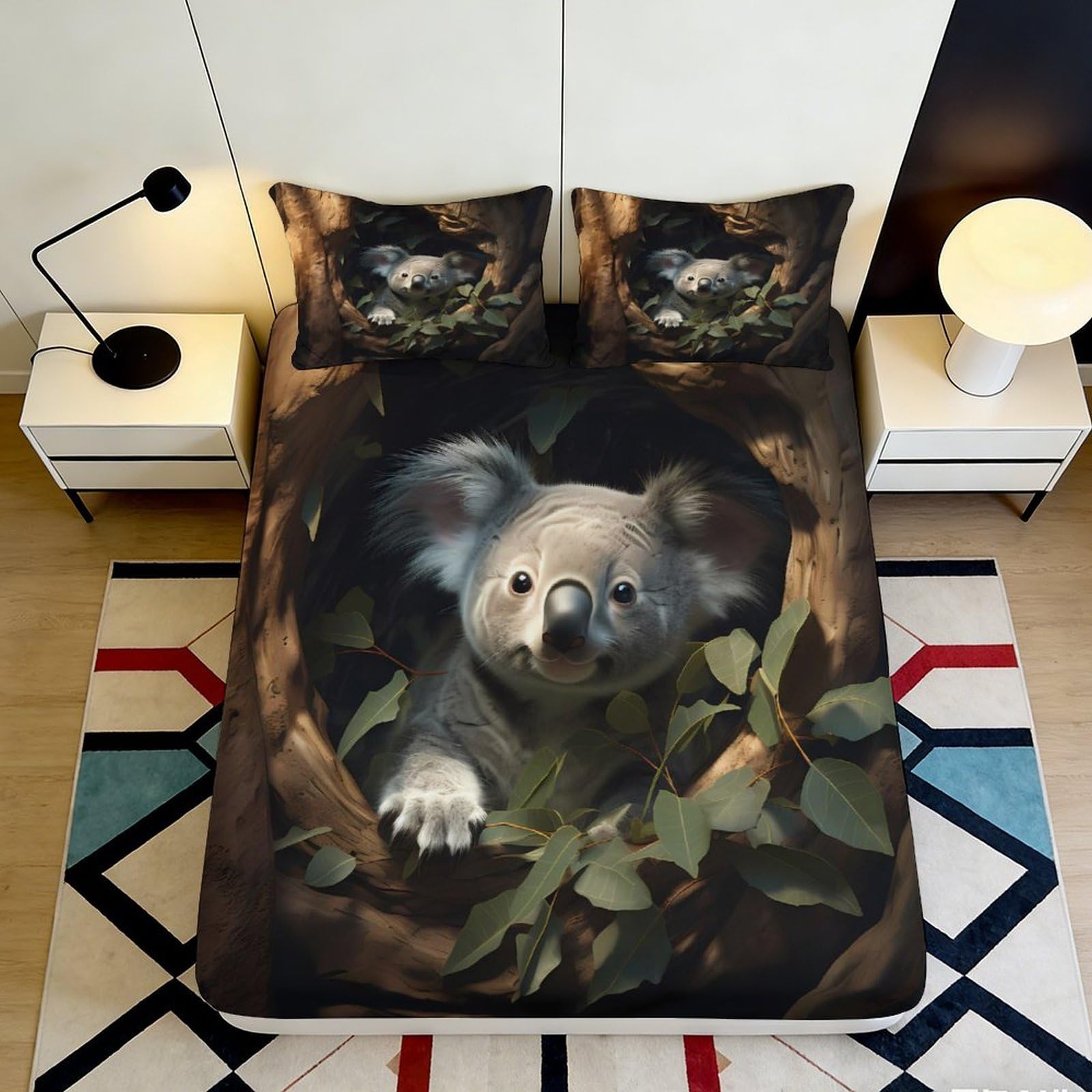 3D Printed Koala Forest Fitted Sheet Microfiber Soft Breathable Animal Leaves Bed Cover for Bedroom Guest Room 120x200x25cm