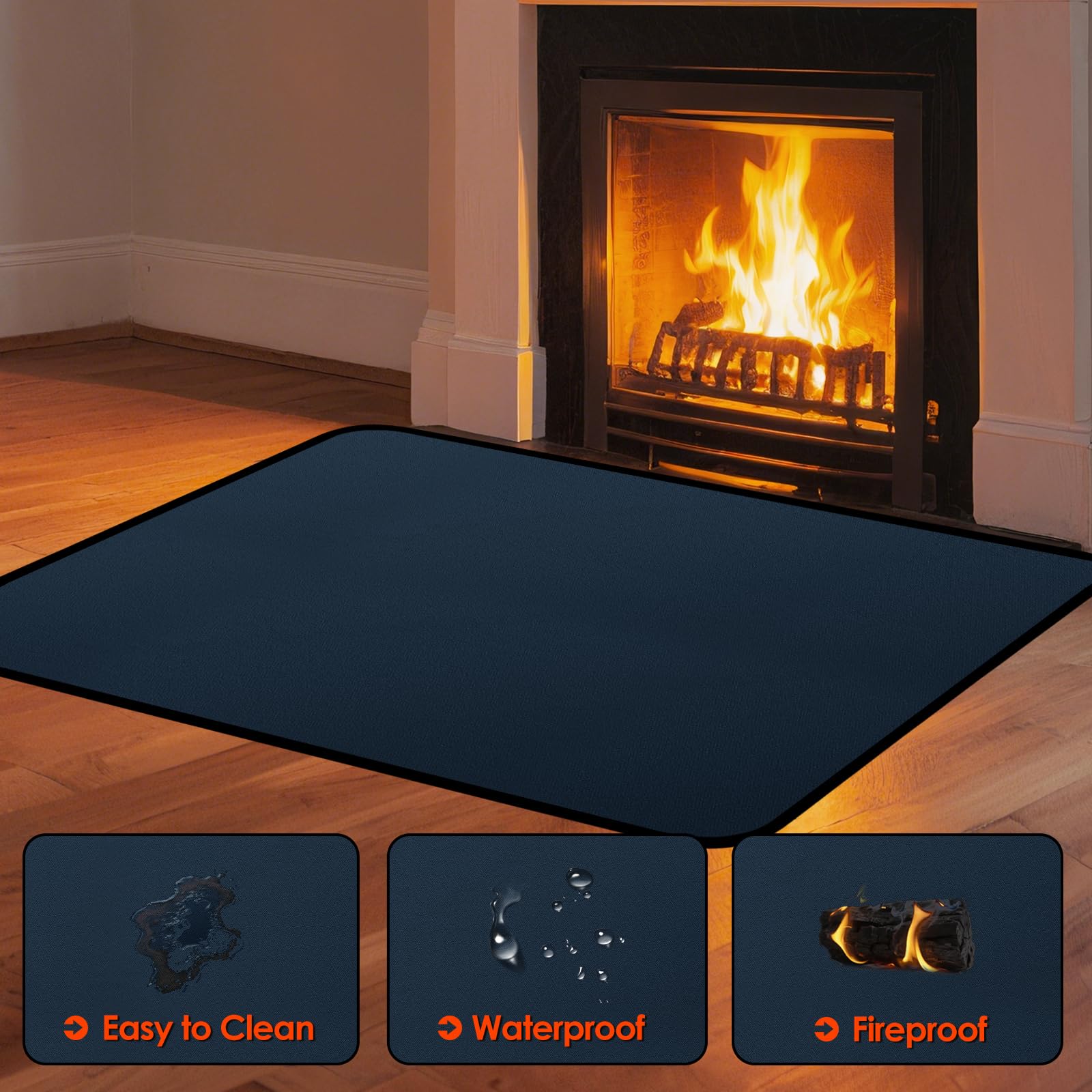 Tapis de foyer pour cheminées, 120 x 90 x 0,1 cm, tapis ignifuge pour poêle à bois, cheminée, intérieur et extérieur, protège les sols et les tapis contre les étincelles, bleu