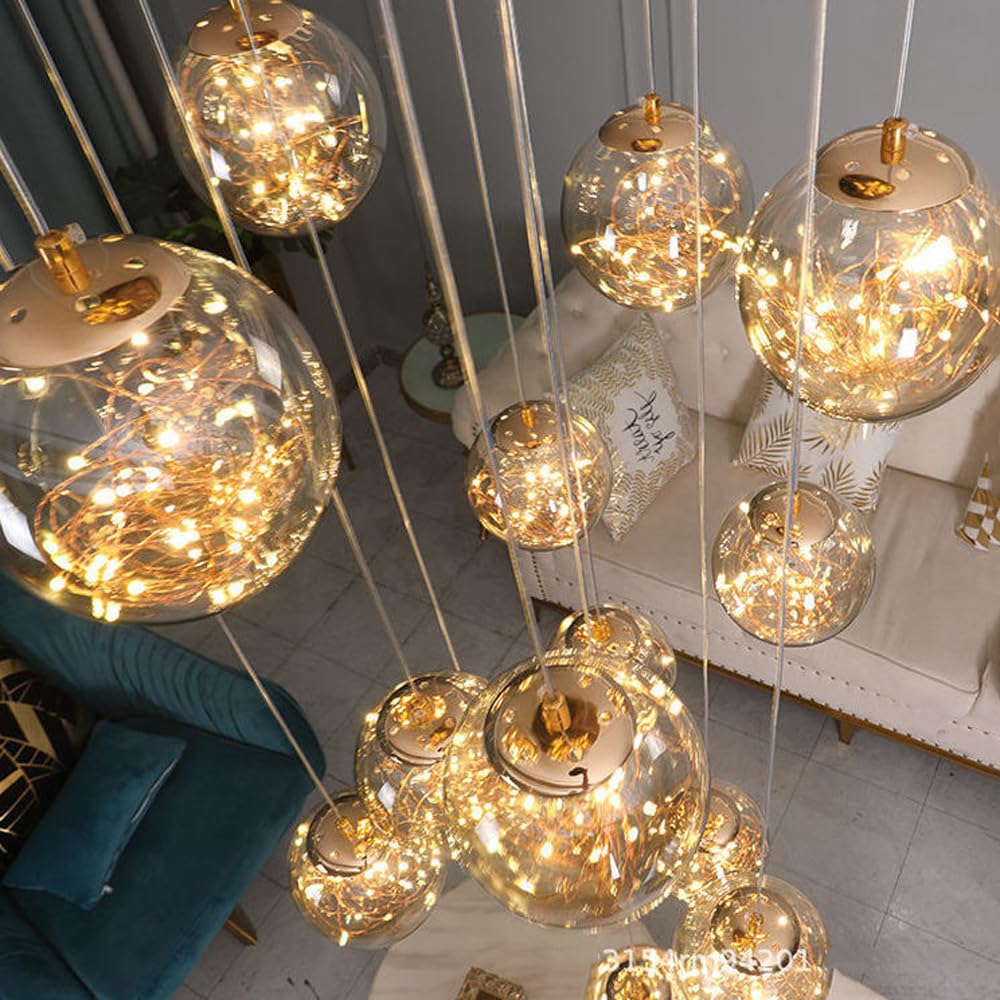Lampadario Rotondo da soffitto per Decorazione Moderna della casa, Ideale per atrio, Scale, Ingresso, con Sfere di Vetro ambrato, Lampada a Sospensione a LED, Lampada da Sala da pr