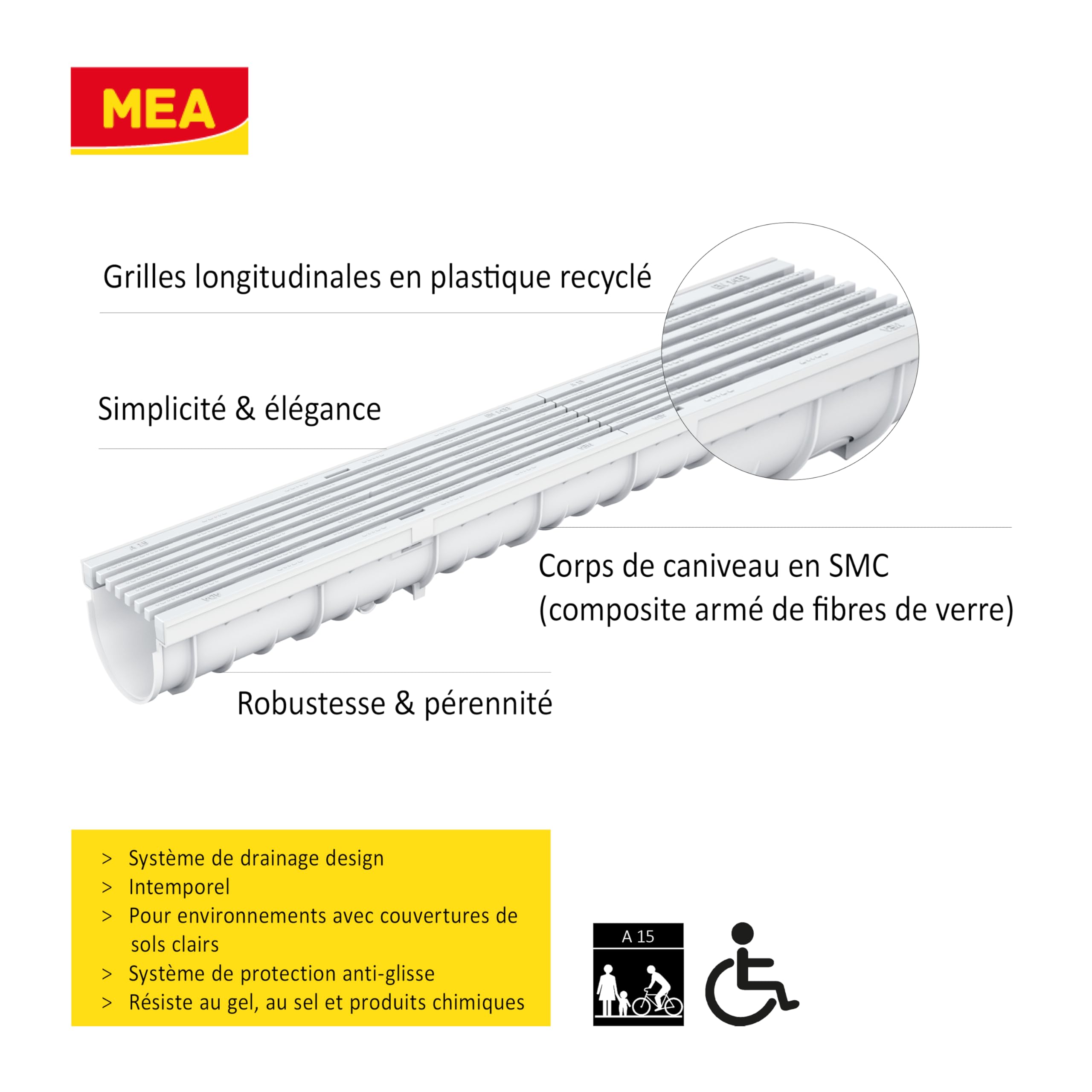 MEA Pack de 6 Caniveaux Extérieurs DECOLINE – Grille en Plastique Recyclé Gris – Drainage Terrasse, Piscine, Jardin – Classe A15 Piéton – Largeur utile 10 cm