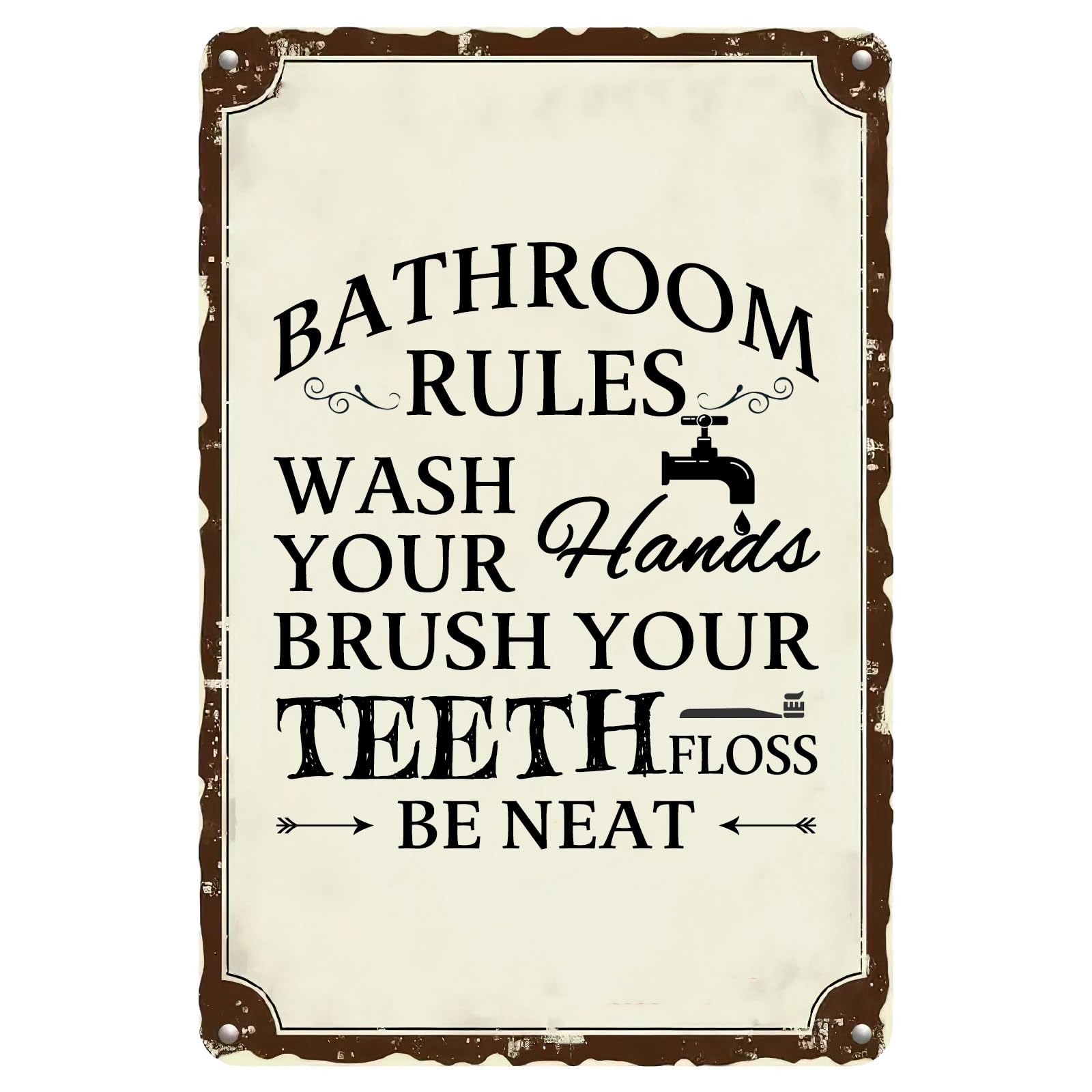 Vintage Metal Tin Sign, Bathroom Rules Wash Brush Flush Novelty Decor, 12x8 Inch