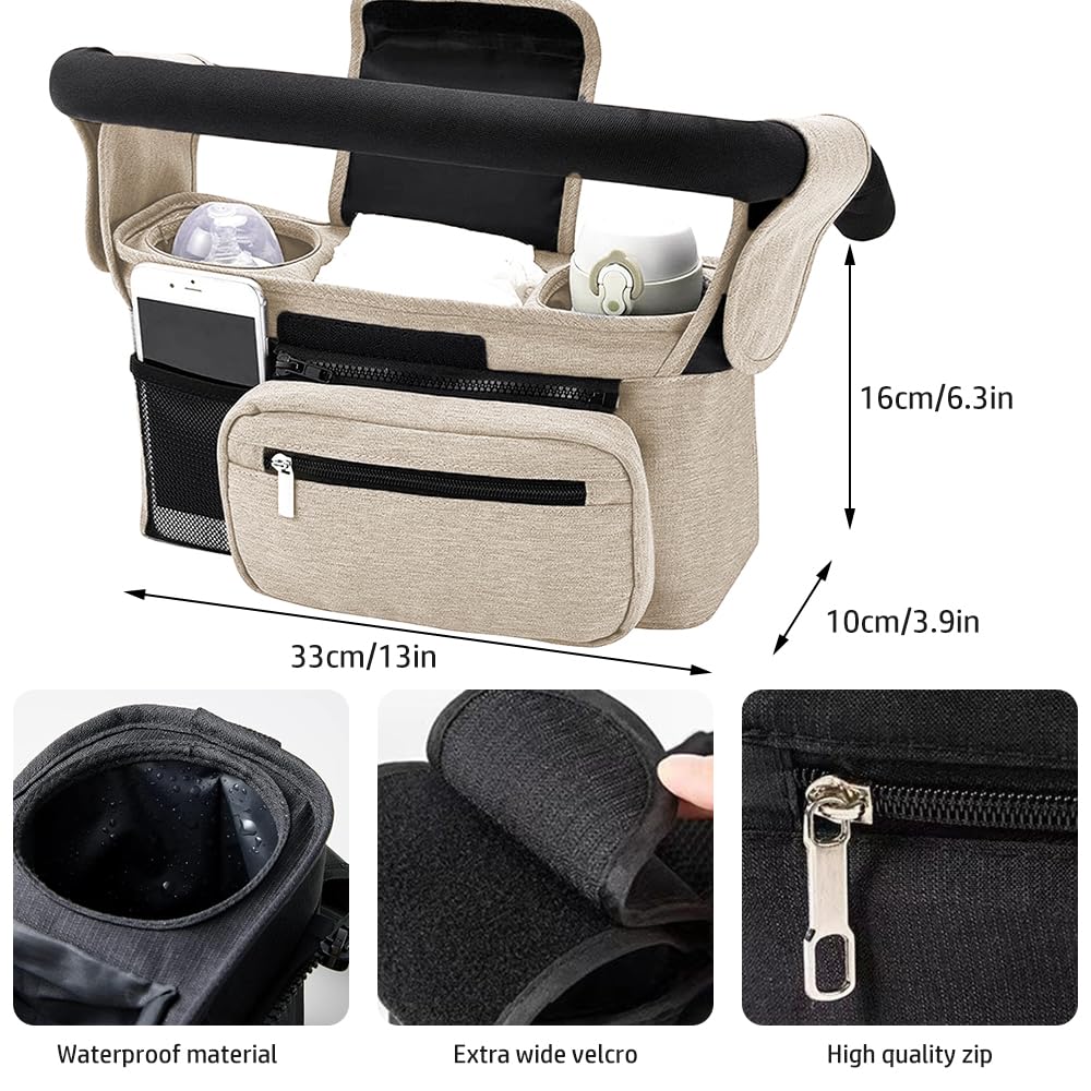 Borsa universale per passeggino, borsa per passeggino con 2 portabicchieri isolati, grande capacità, organizer con tracolla e ganci di sicurezza antiscivolo (beige)