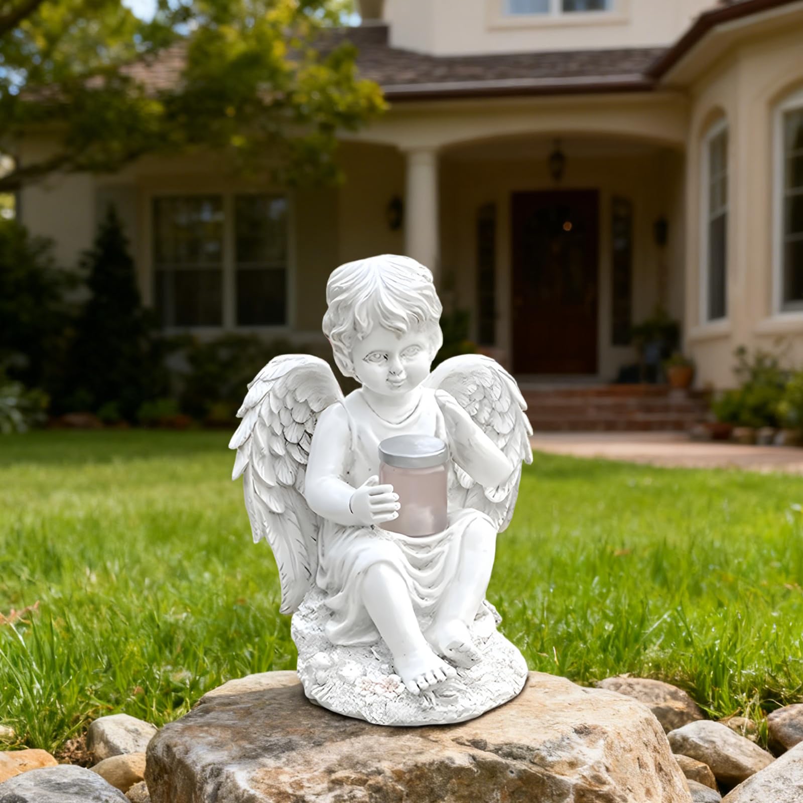Statua di angelo da giardino in resina, lanterna ad energia solare, 14 x 15 x 20 cm, decorazione da cortile esterna resistente alle intemperie, posa seduta, micro statuetta di paesaggio