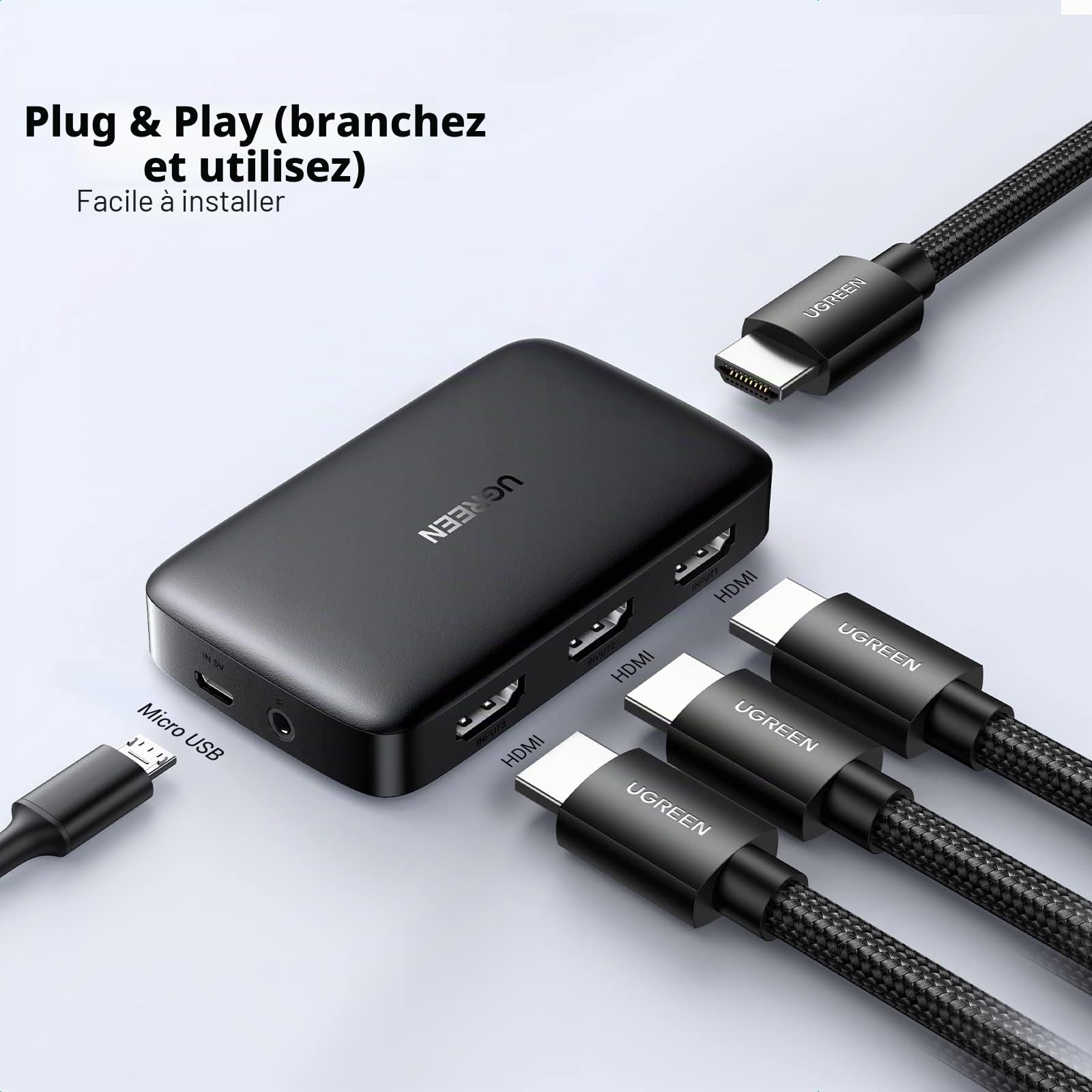 UGREEN Switch HDMI 4K 30Hz Commutateur 3 Entrées 1 Sortie 1080P 60Hz 3D Télécommande IR Compatible avec PS5 PS4 PS3 Switch 2 Xbox One TV Stick Box Chromecast Lecteur Blu Ray DVD Moniteur Projecteur
