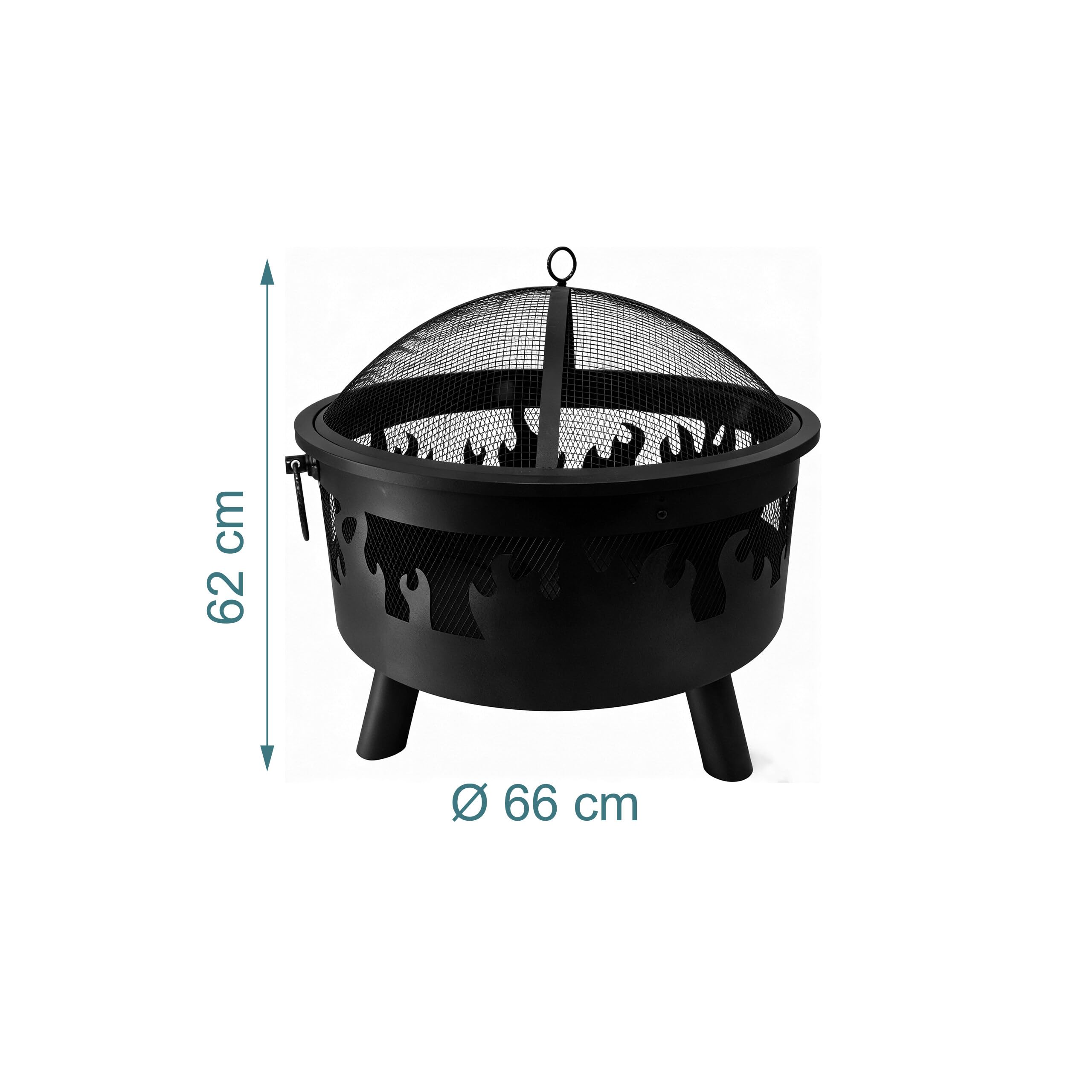Relaxdays Feuerschale, Ø Schale 64 cm, Funkenschutz, Schürhaken, Stahl, Flammen-Design, Feuerstelle Garten, schwarz