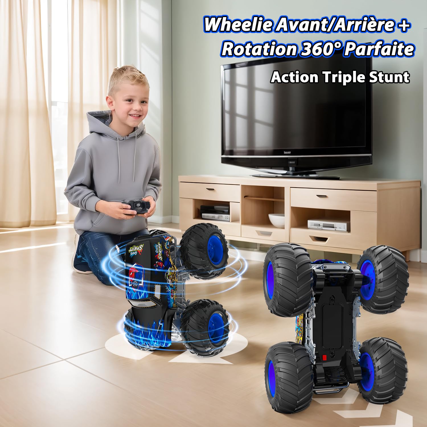 Monster Truck Télécommandé, 1:16 Voiture Télécommandée Enfant avec Éclairage, 360° Rotation, Conduite Inversée, Marche Debout, Voiture Radiocommandée Amphibie 2,4 GHz pour Enfants dès 4, 6, 8 Ans