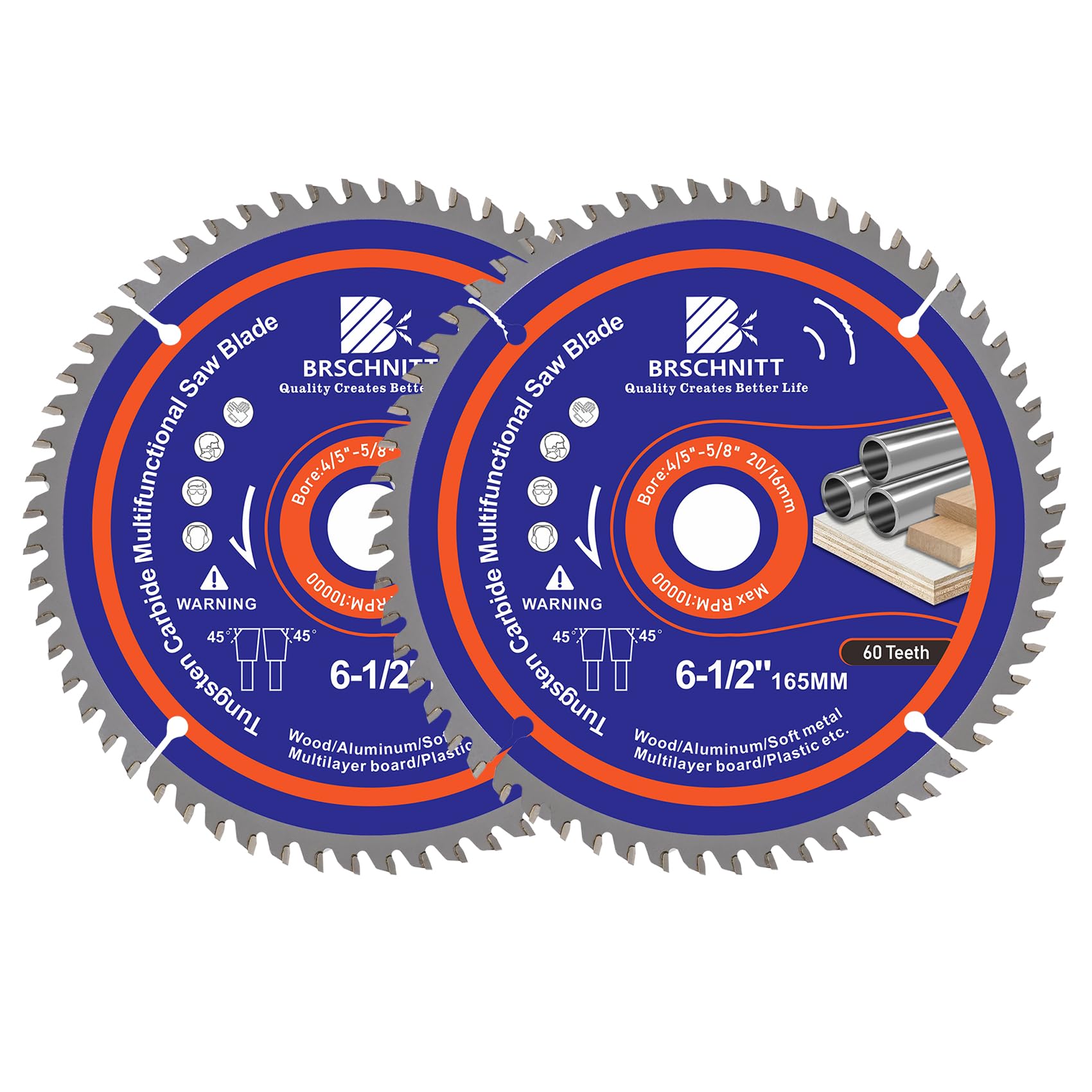 BRSCHNITT Circular Saw Blade 6-1/2 in 60T with 4/5-5/8" Arbor, Carbide Tipped Teeth, TCT Saw Blades for Cutting Various Wood, Aluminium,Copper,and Composite Materials(2pcs)