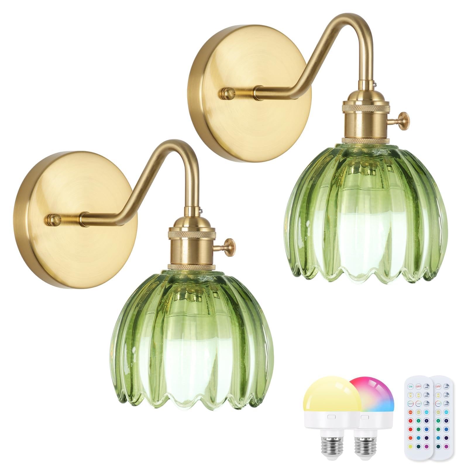 EIDEARAY Battery Operated Wall Lights,Rechargeable Wall Lights with RGB Dimmable Remote Control,Rechargeable Gold Wall Light,Green Tulip Glass Lampshade for Living Room Bedroom Hallway 2-Pack โ image 1