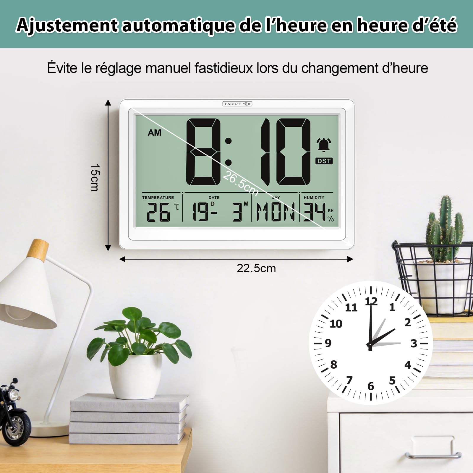 XREXS Horloge Murale Numérique 19,4 x 10,4 cm - Écran LCD HD, Réveil, Température & Humidité, 12/24h