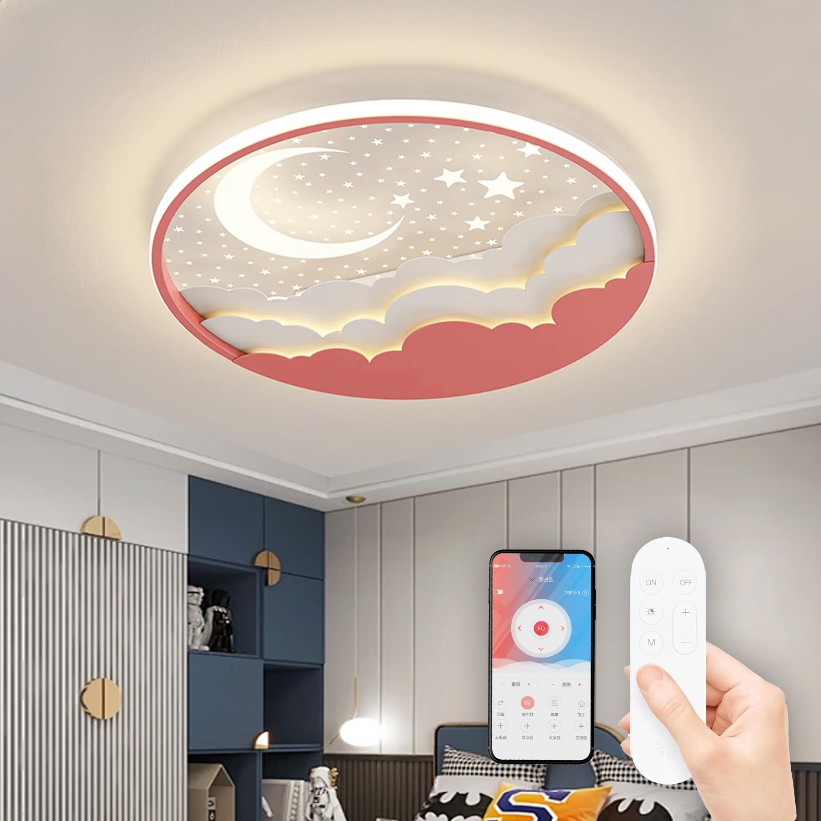 RRBEST Lampada da soffitto a LED per bambini, Lampada da soffitto a stella e luna, Plafoniera Led Soffitto Dimmerabile, Cartoon da creativa Camera da letto della ragazzi ragazze