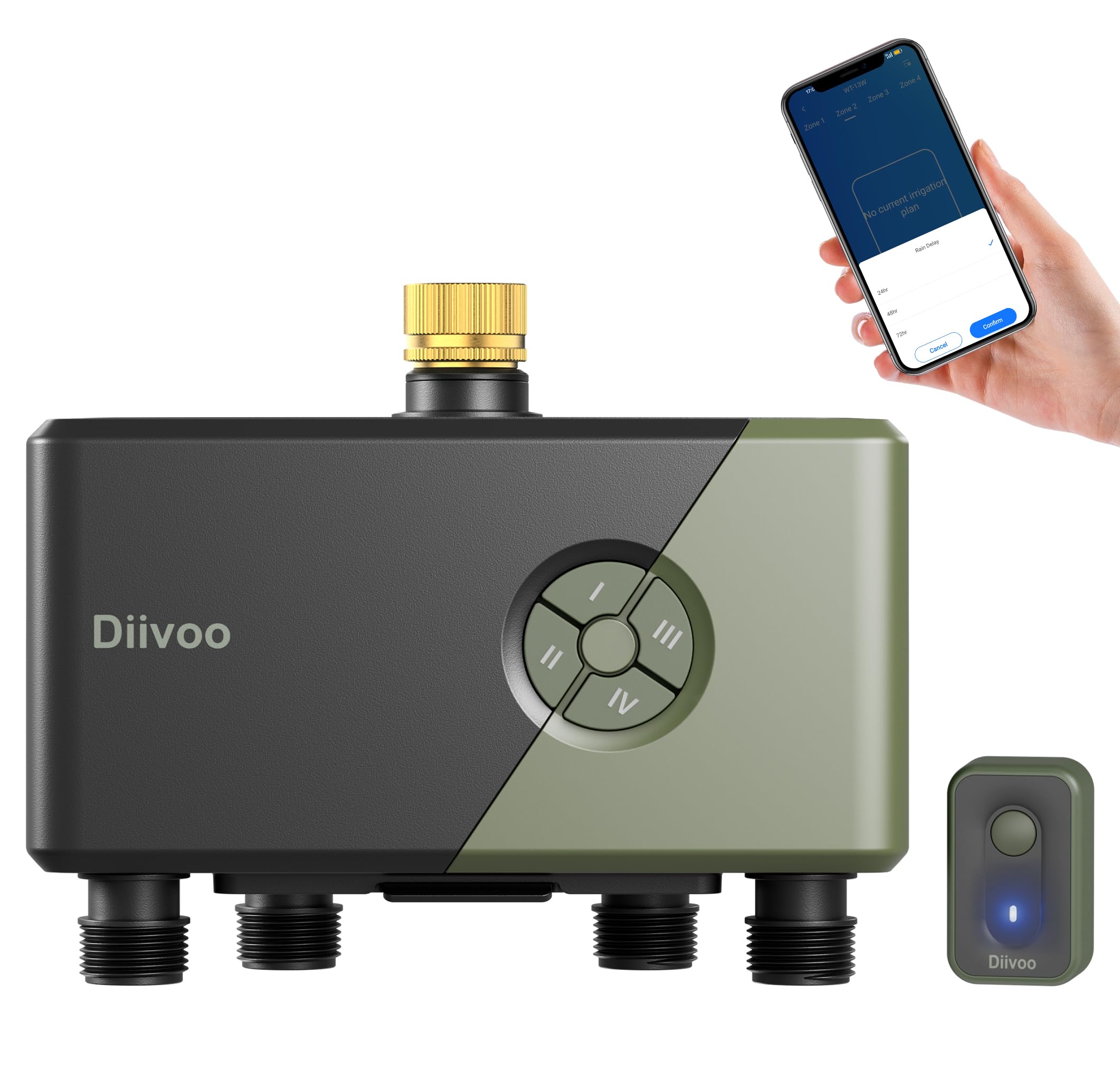 Diivoo 4 Zones WiFi Water Timer with Brass Inlet, Smart Sprinkler Hose Timer 4 Outlets Compatible with Alexa/Google Assistant, 24 Irrigation Plans, Rain Delay & Mist Mode for Garden Lawns