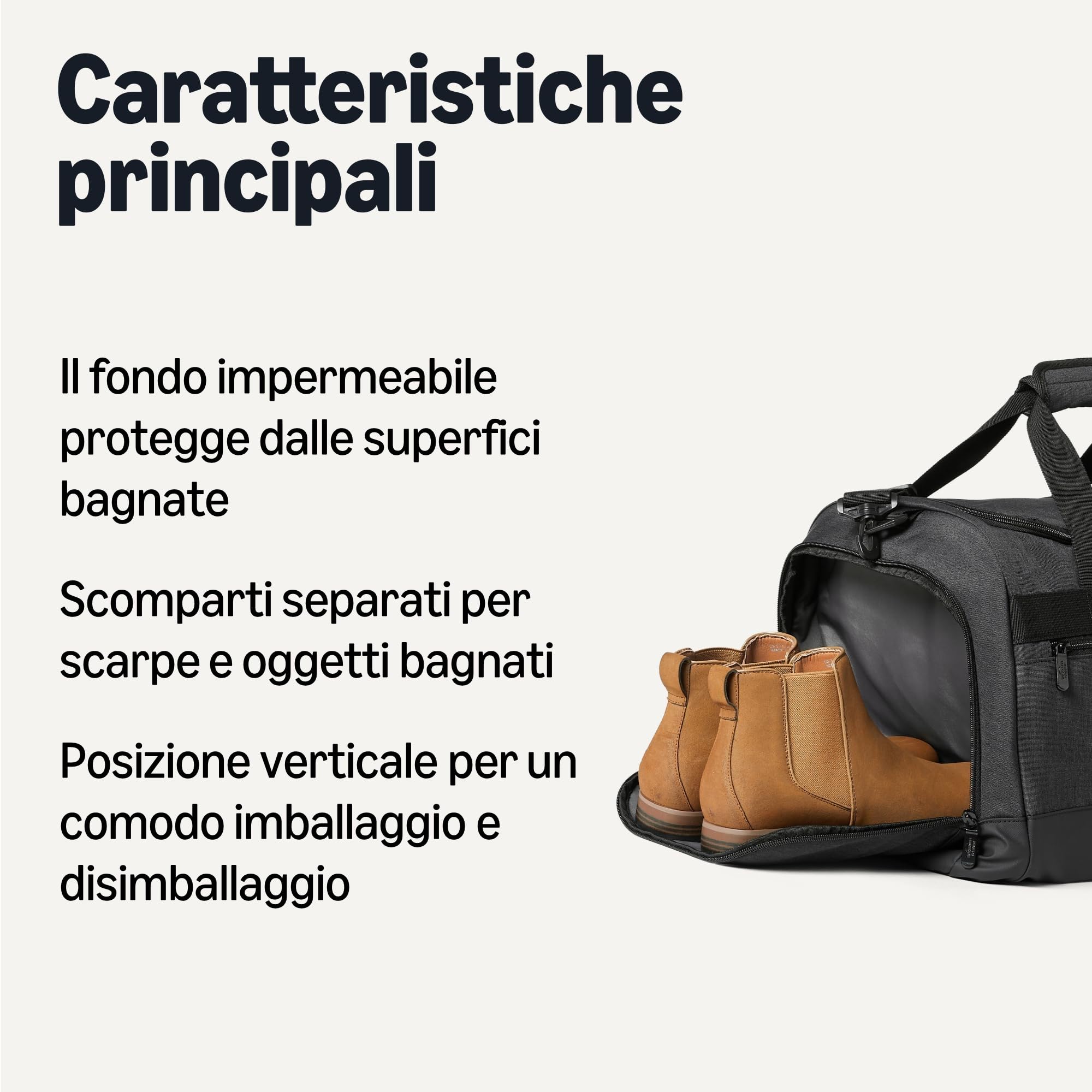 Amazon Essentials - Borsone leggero con tasca impermeabile e scomparto per le scarpe, 63.5 cm, Nero