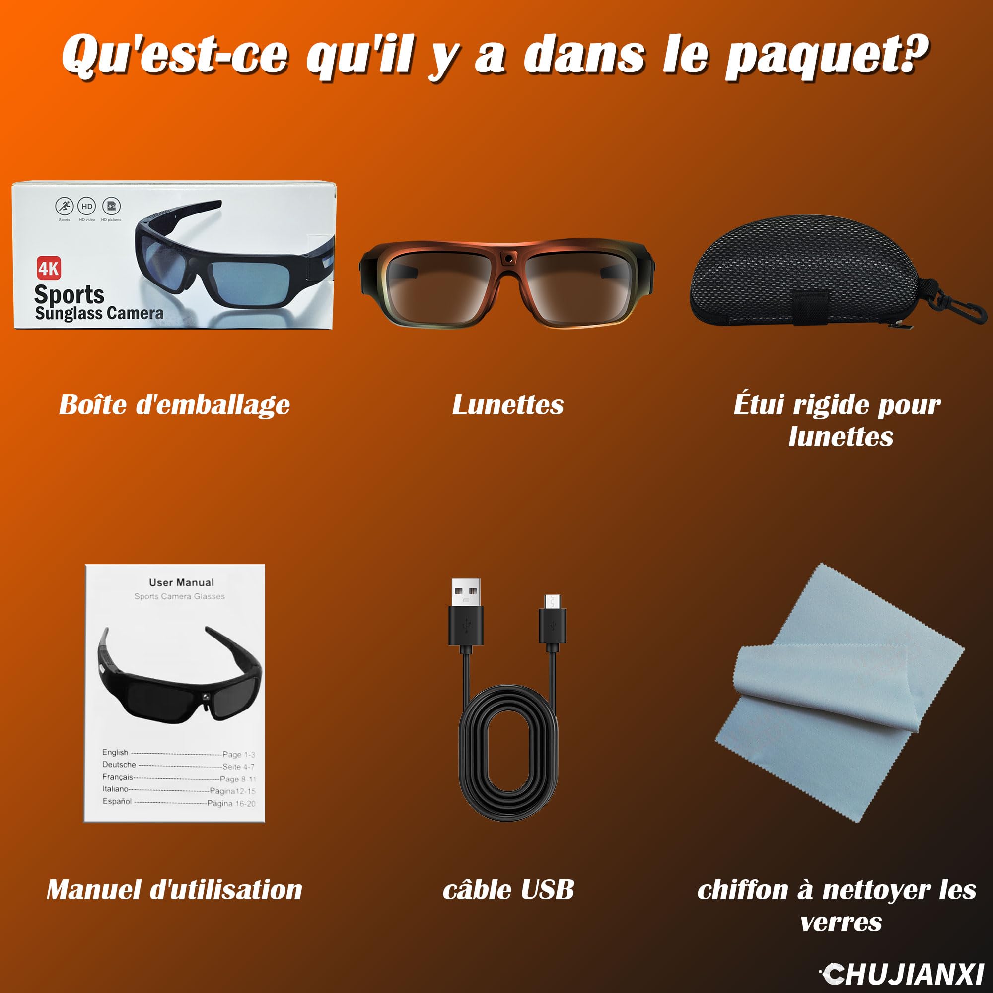 Lunettes avec Caméra 4K, Innovantes High-Tech Lunettes Camera de Sport pour l'extérieur, Lunettes de Soleil Vidéo avec Protection UV400, Support Photo/Vidéo, Opération à une Touche